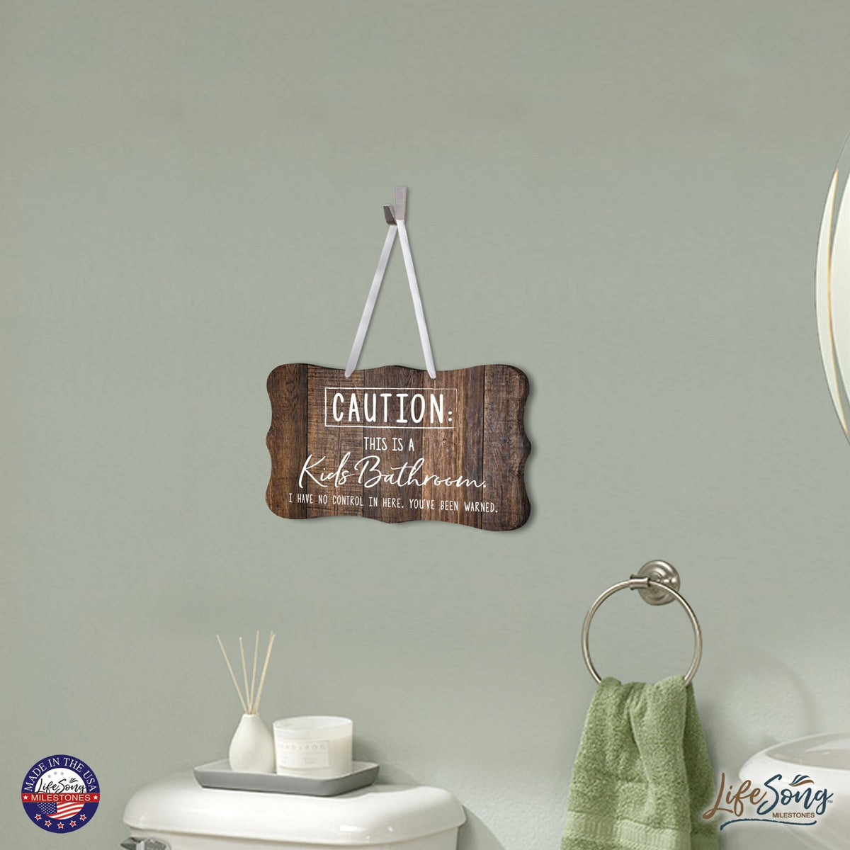 Funny Wooden Ribbon Sign Wall Decor 8” x 12” (Caution Kids Bathroom) - LifeSong Milestones