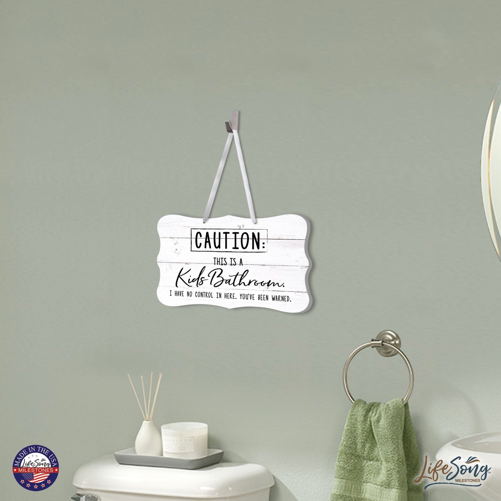 Funny Wooden Ribbon Sign Wall Decor 8” x 12” (Caution Kids Bathroom) - LifeSong Milestones