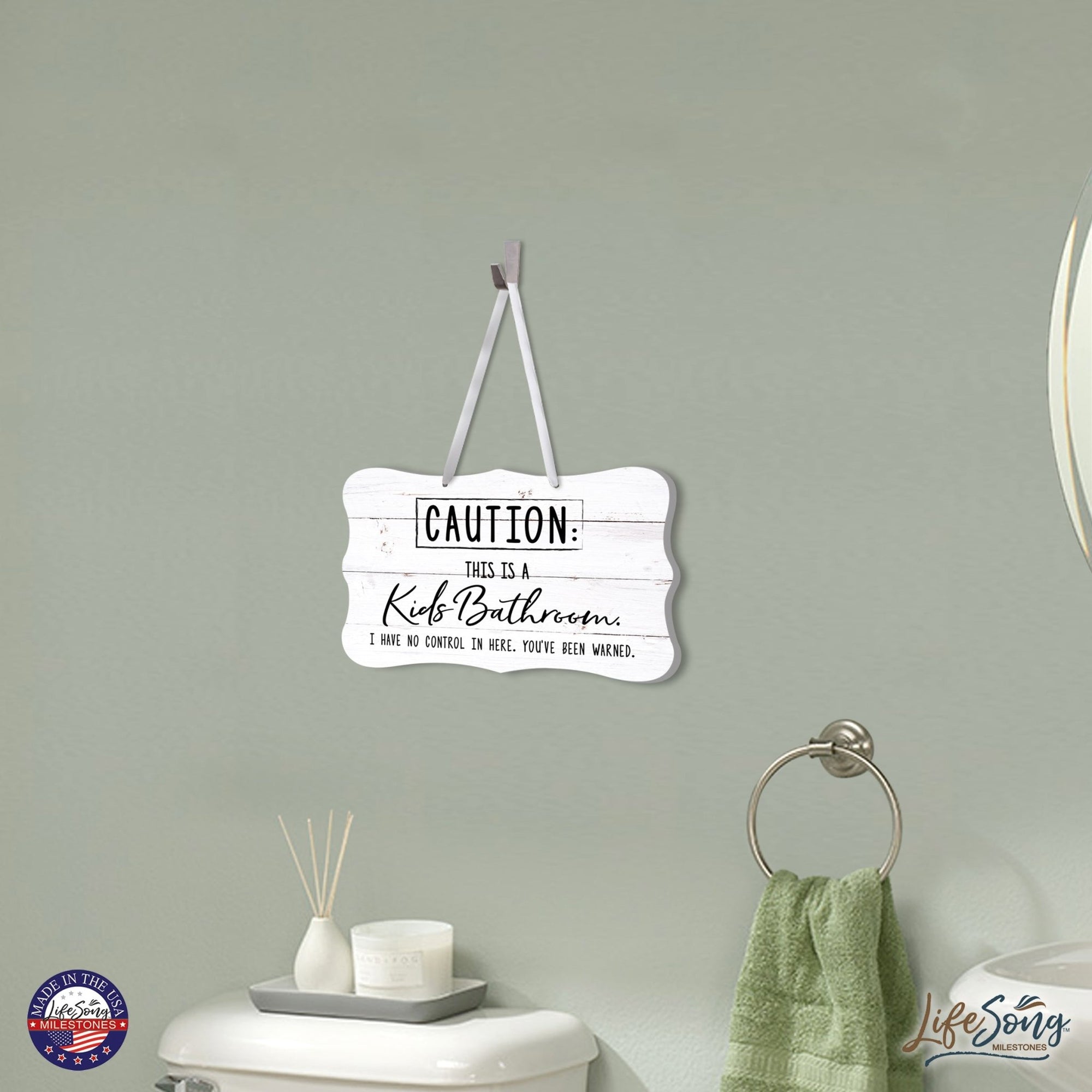 Funny Wooden Ribbon Sign Wall Decor 8” x 12” (Caution Kids Bathroom) - LifeSong Milestones