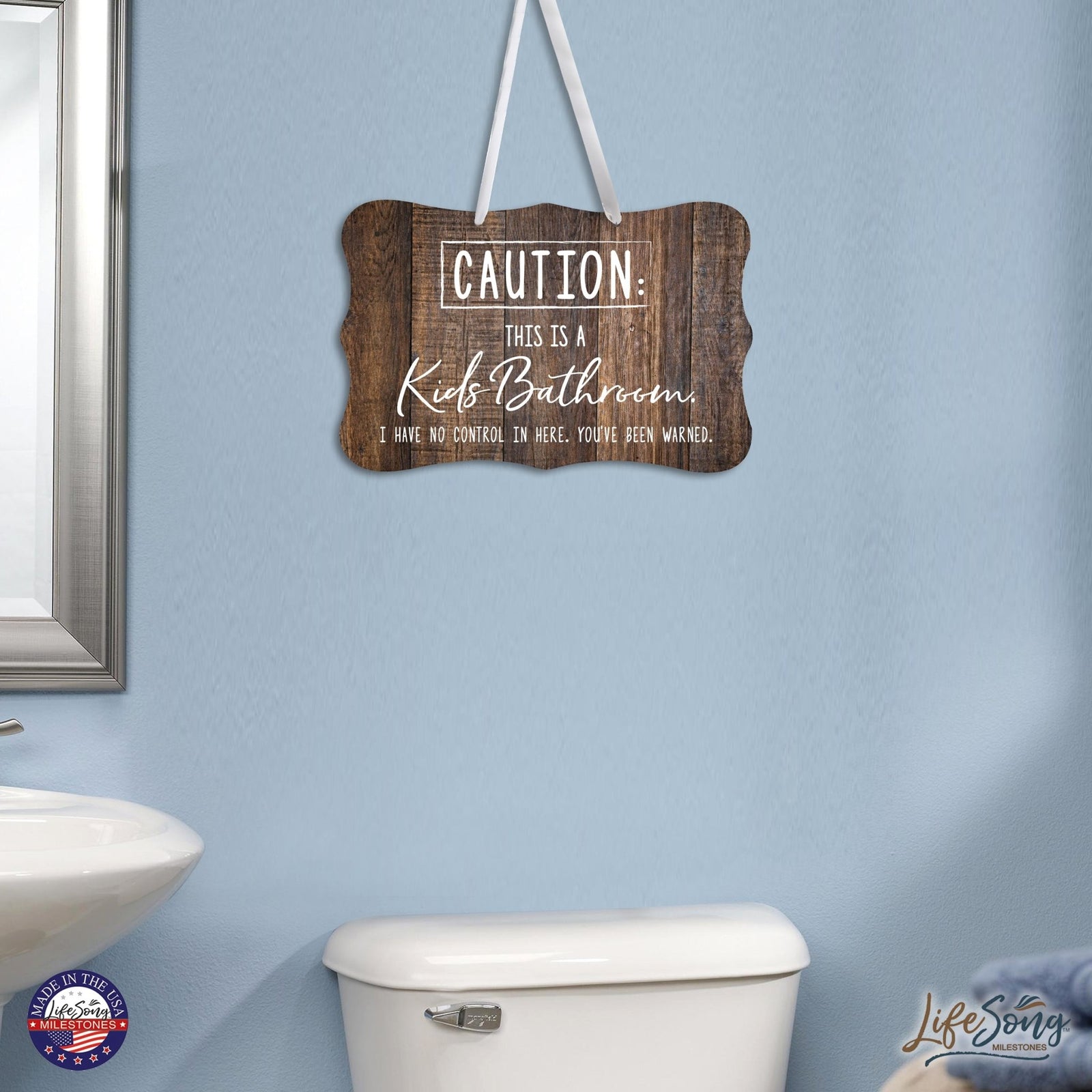 Funny Wooden Ribbon Sign Wall Decor 8” x 12” (Caution Kids Bathroom) - LifeSong Milestones