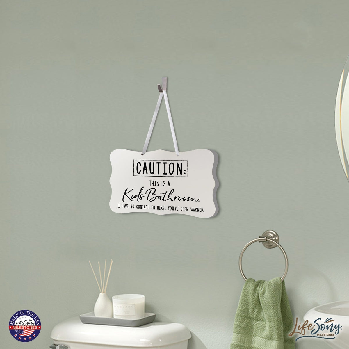Funny Wooden Ribbon Sign Wall Decor 8” x 12” (Caution Kids Bathroom) - LifeSong Milestones