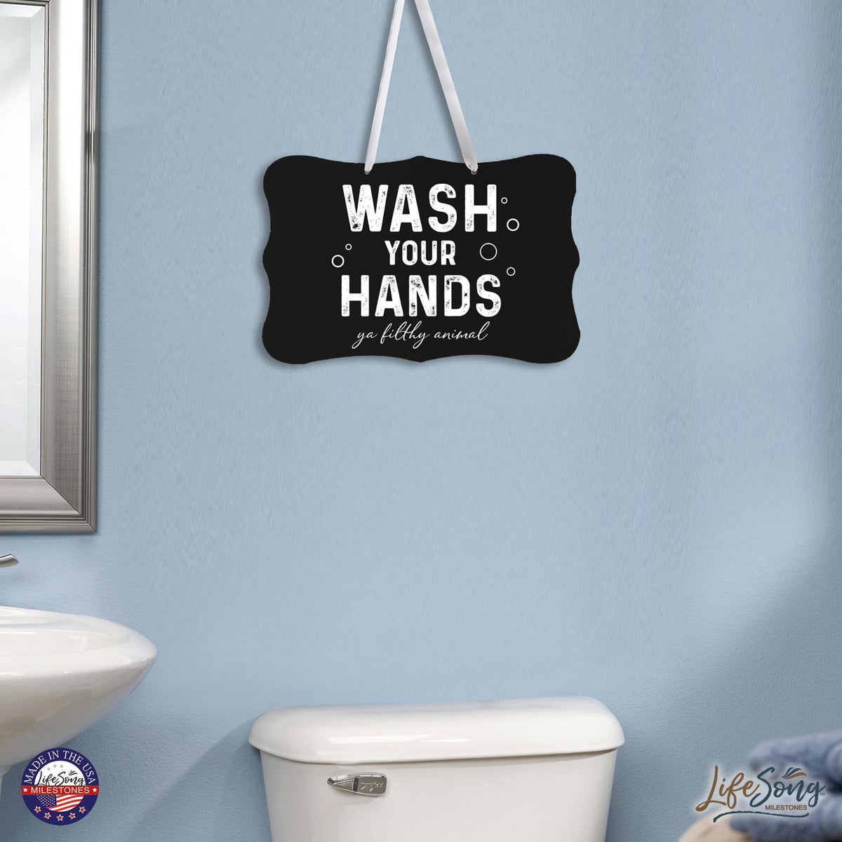 Funny Wooden Ribbon Sign Wall Decor 8” x 12” (Wash Your Hands Filthy) - LifeSong Milestones