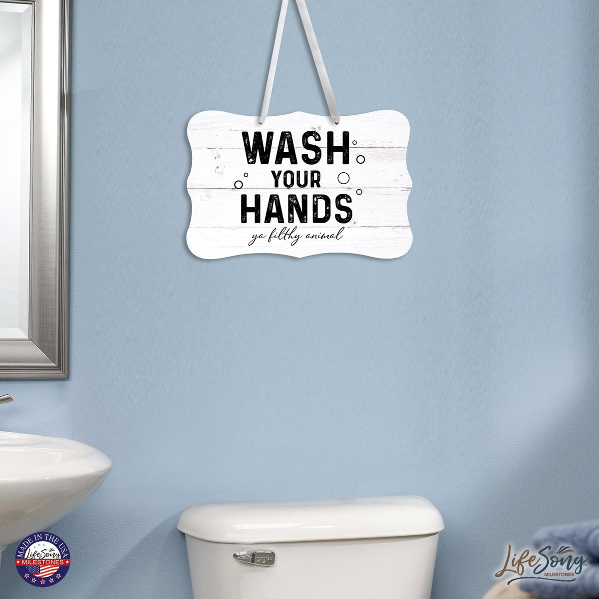 Funny Wooden Ribbon Sign Wall Decor 8” x 12” (Wash Your Hands Filthy) - LifeSong Milestones