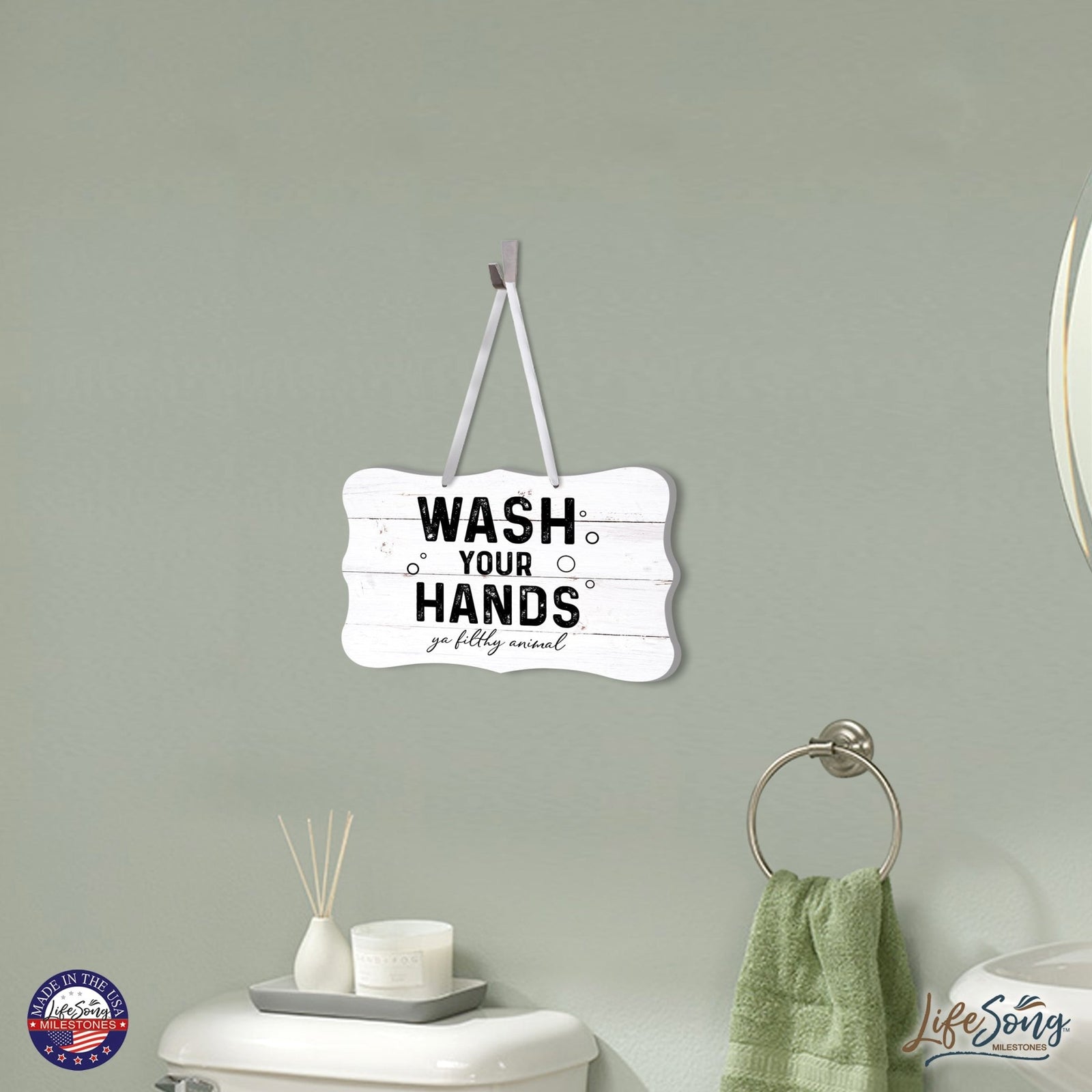 Funny Wooden Ribbon Sign Wall Decor 8” x 12” (Wash Your Hands Filthy) - LifeSong Milestones