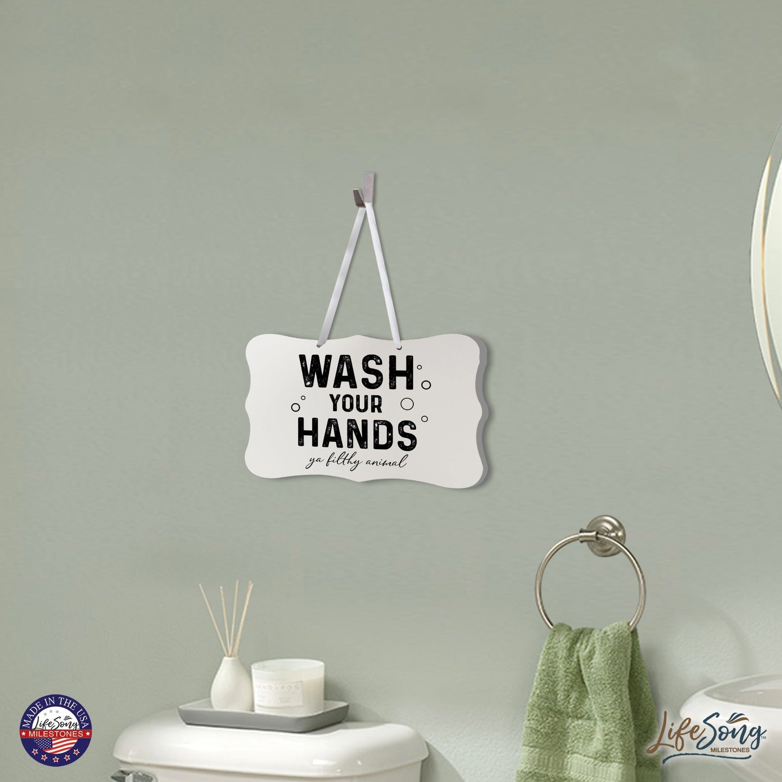 Funny Wooden Ribbon Sign Wall Decor 8” x 12” (Wash Your Hands Filthy) - LifeSong Milestones