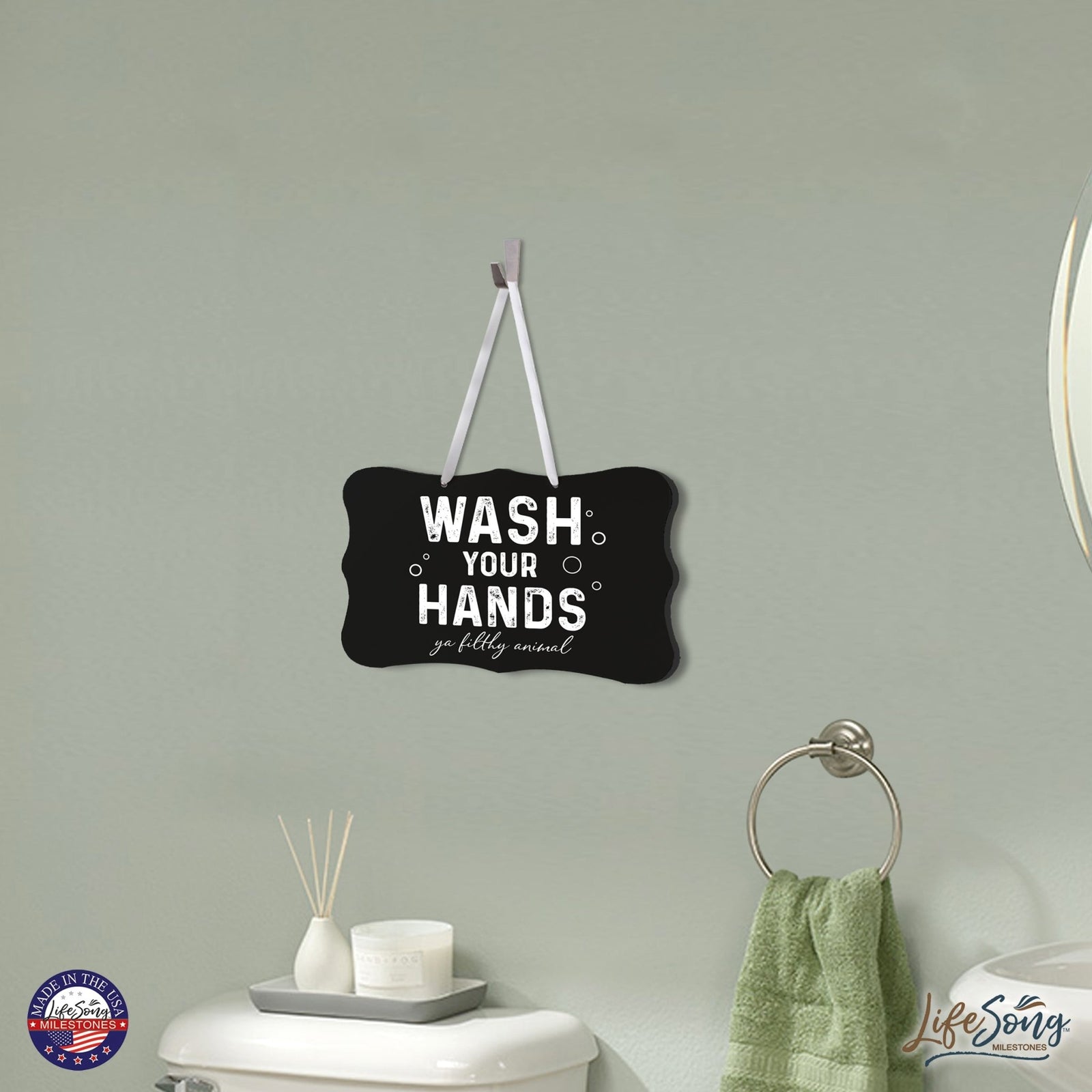 Funny Wooden Ribbon Sign Wall Decor 8” x 12” (Wash Your Hands Filthy) - LifeSong Milestones