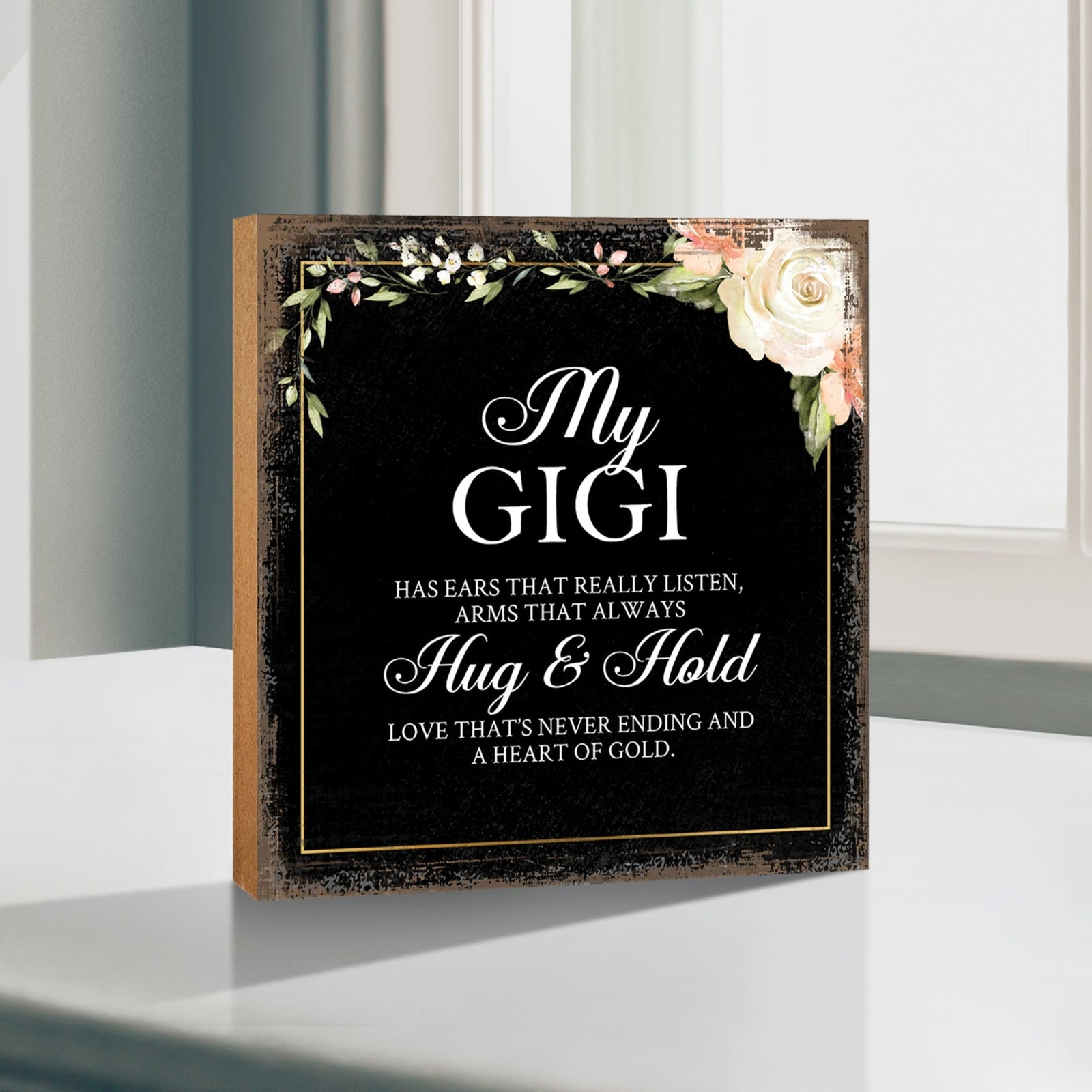 Gigi Has Ears Floral 6x6 Inches Wood Family Art Sign Tabletop and Shelving For Home Décor - LifeSong Milestones