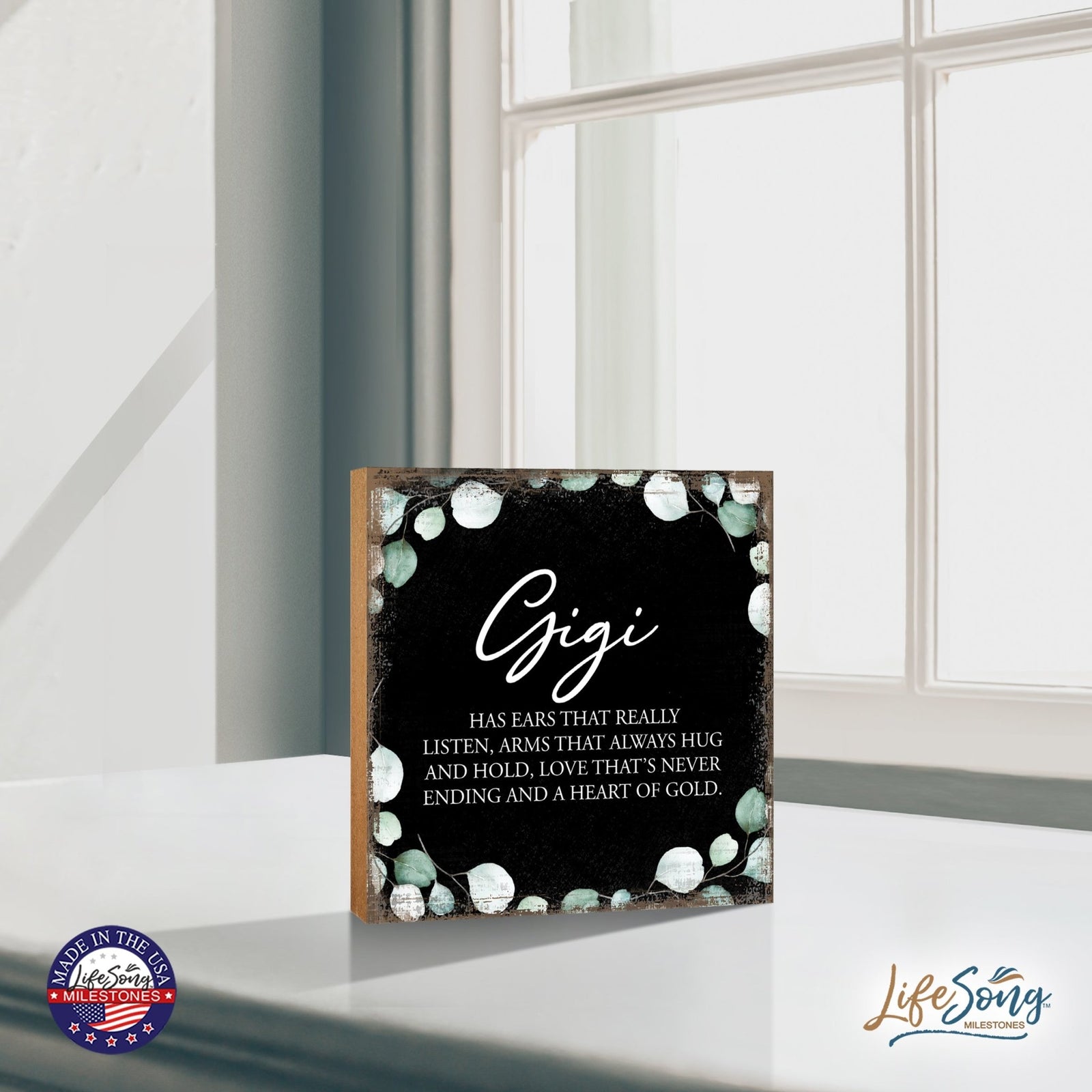 Gigi Has Ears Floral 6x6 Inches Wood Family Art Sign Tabletop and Shelving For Home Décor - LifeSong Milestones