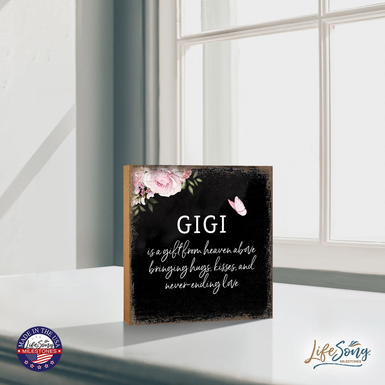 Gigi Is A Gift Floral 6x6 Inches Wood Family Art Sign Tabletop and Shelving For Home Décor - LifeSong Milestones