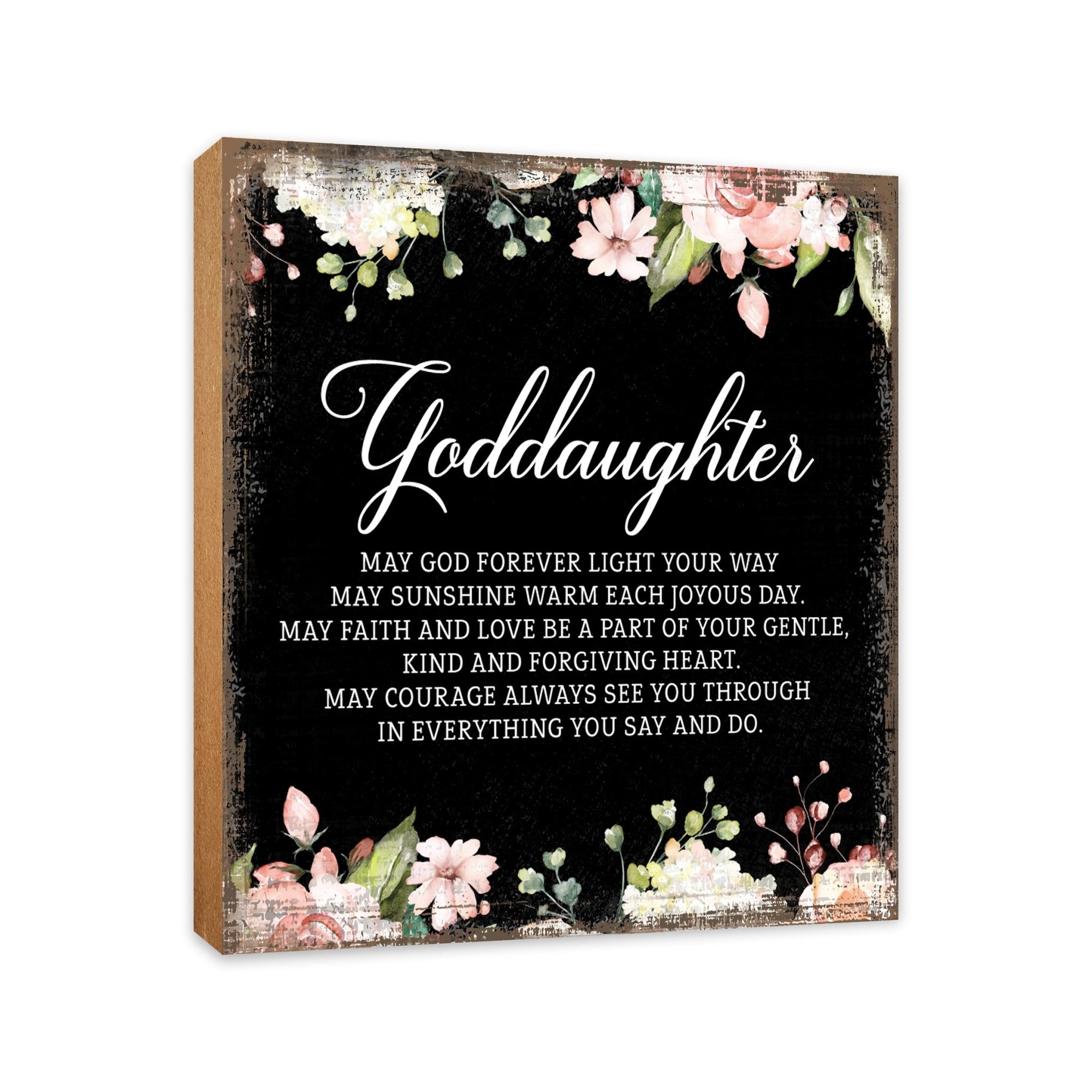 Goddaughter May God Forever Floral 6x6 Inches Wood Family Art Sign Tabletop and Shelving For Home Décor - LifeSong Milestones