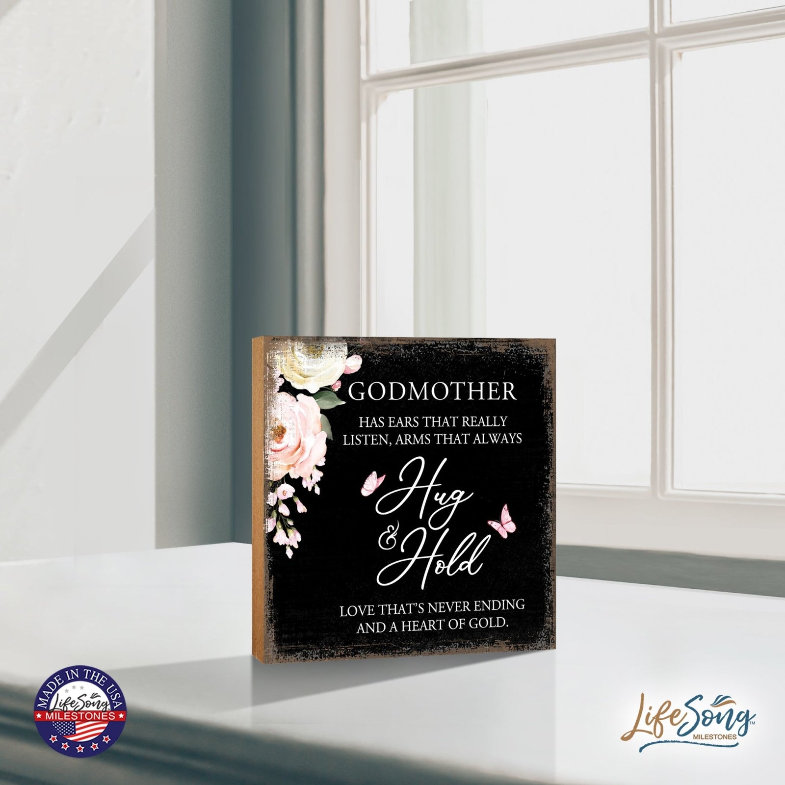 Godmother Has Ears Floral 6x6 Inches Wood Family Art Sign Tabletop and Shelving For Home Décor - LifeSong Milestones