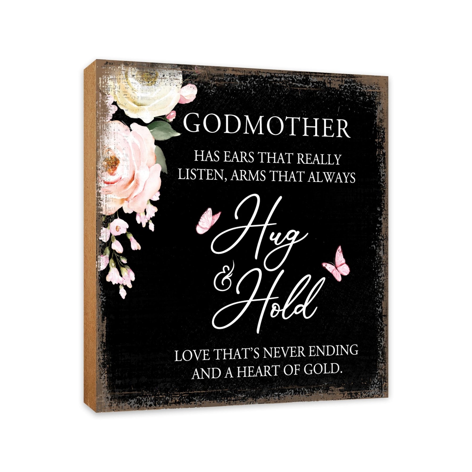 Godmother Has Ears Floral 6x6 Inches Wood Family Art Sign Tabletop and Shelving For Home Décor - LifeSong Milestones