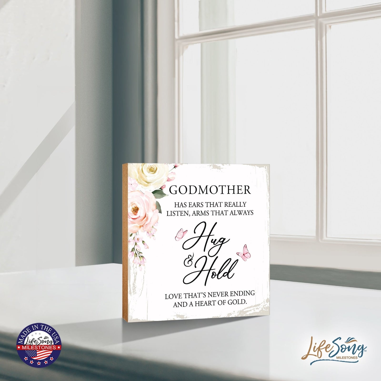 Godmother Has Ears Floral 6x6 Inches Wood Family Art Sign Tabletop and Shelving For Home Décor - LifeSong Milestones