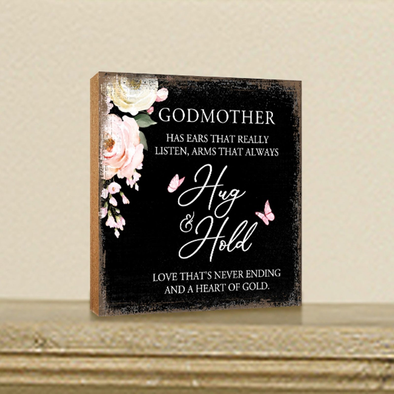 Godmother Has Ears Floral 6x6 Inches Wood Family Art Sign Tabletop and Shelving For Home Décor - LifeSong Milestones
