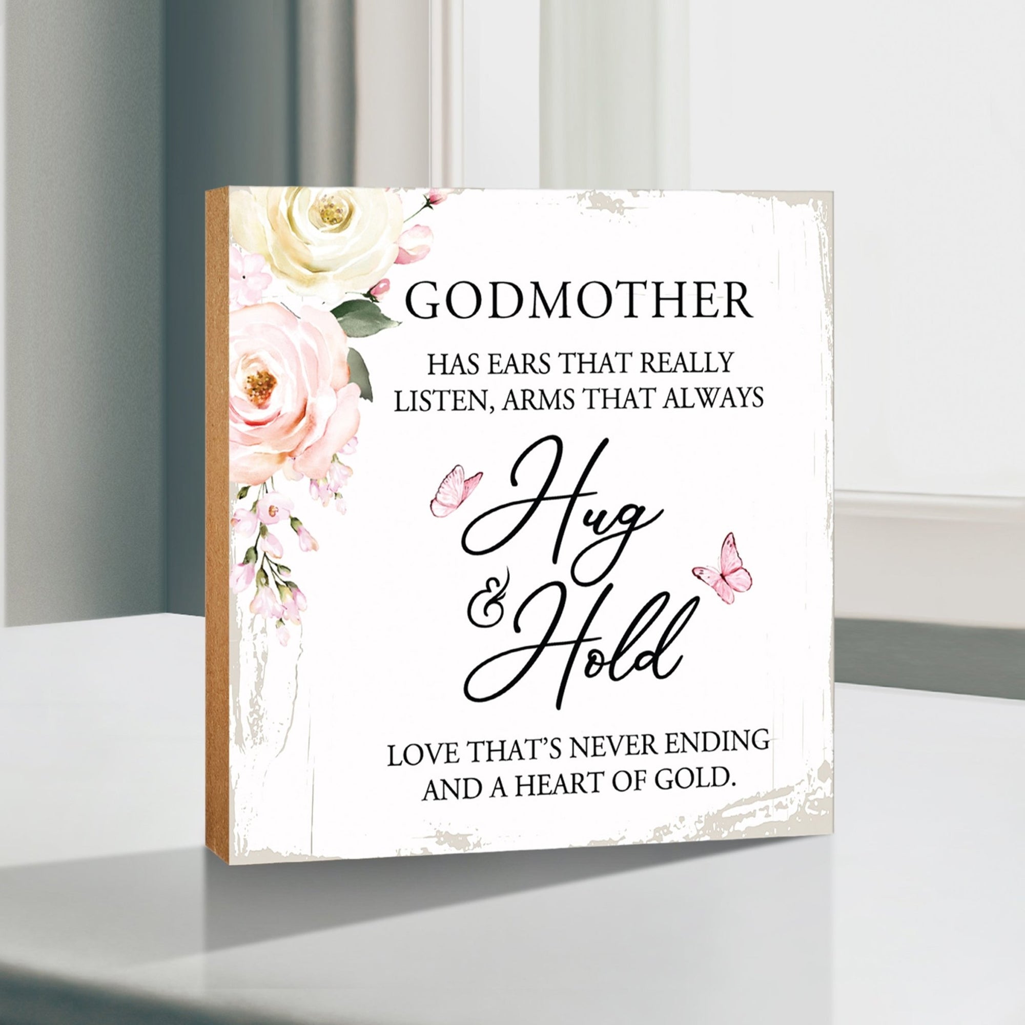 Godmother Has Ears Floral 6x6 Inches Wood Family Art Sign Tabletop and Shelving For Home Décor - LifeSong Milestones