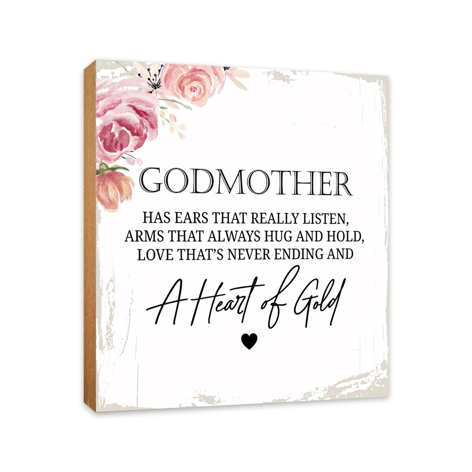 Godmother Has Ears Heart Floral 6x6 Inches Wood Family Art Sign Tabletop and Shelving For Home Décor - LifeSong Milestones