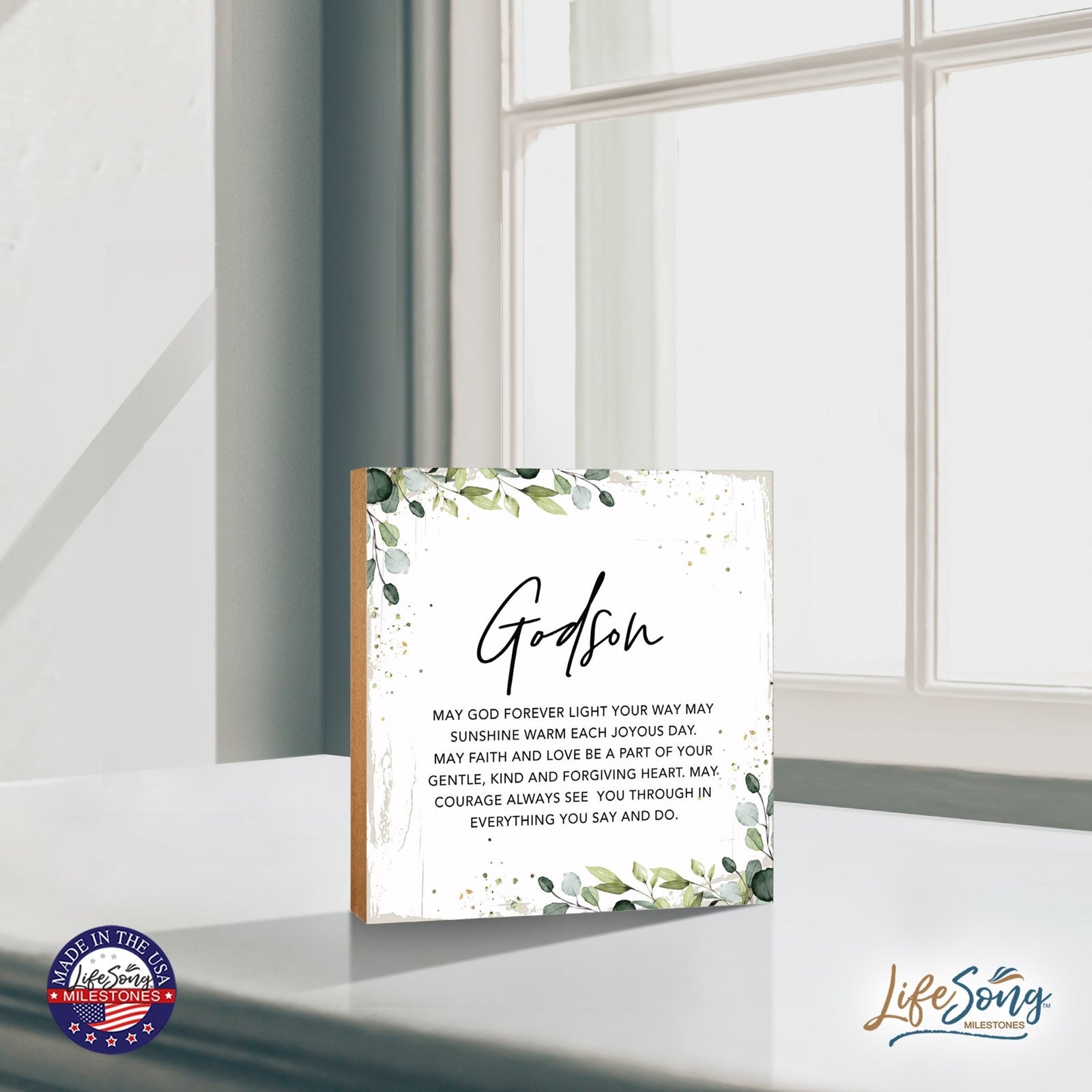 Godson May God Forever Floral 6x6 Inches Wood Family Art Sign Tabletop and Shelving For Home Décor - LifeSong Milestones