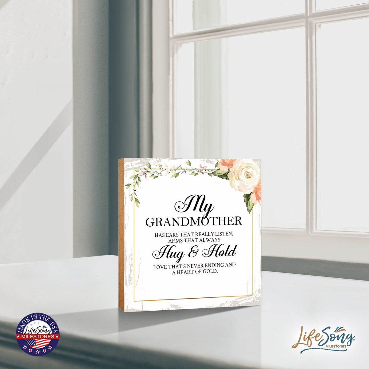 Grandmother Has Ears Floral 6x6 Inches Wood Family Art Sign Tabletop and Shelving For Home Décor - LifeSong Milestones