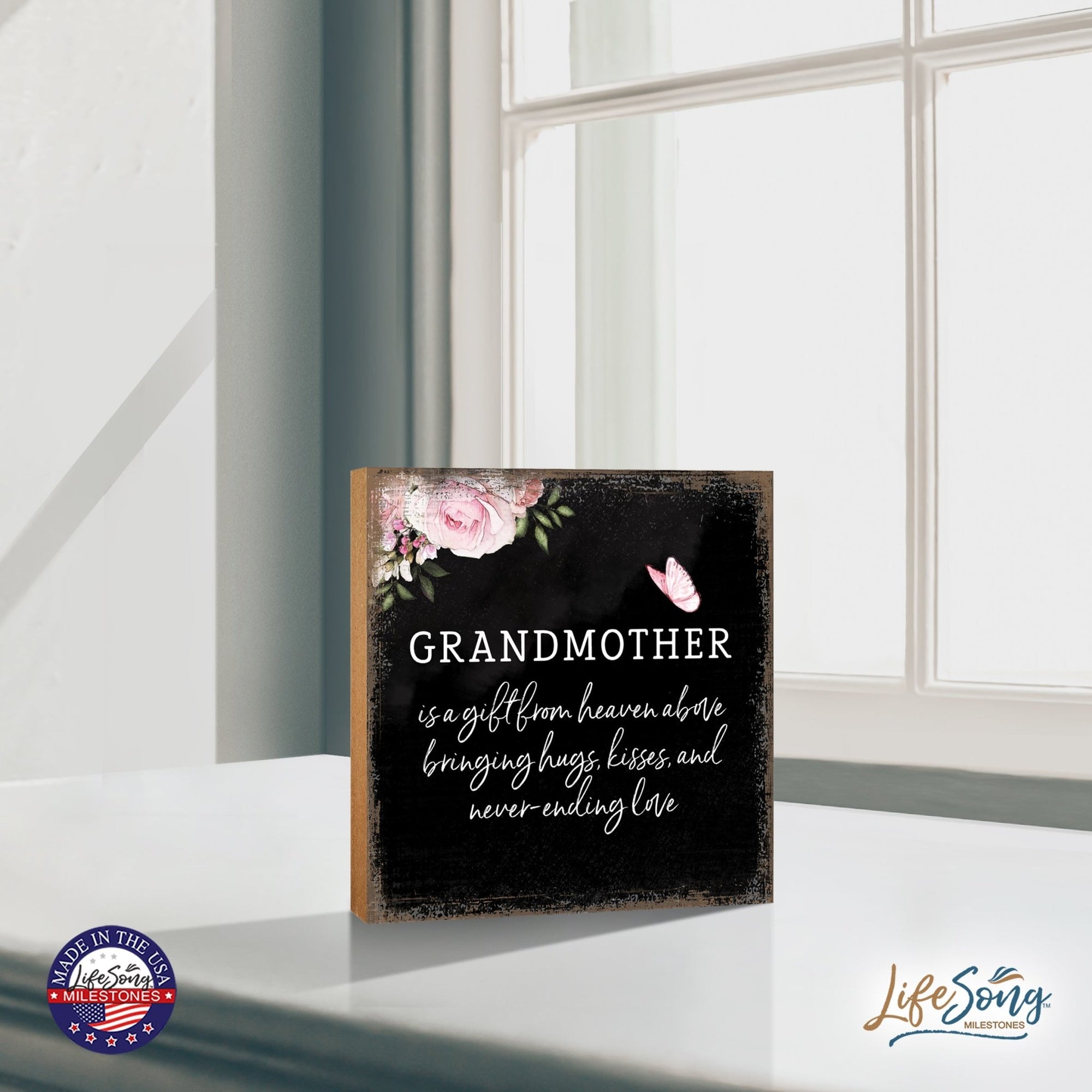 Grandmother Is A Gift Floral 6x6 Inches Wood Family Art Sign Tabletop and Shelving For Home Décor - LifeSong Milestones