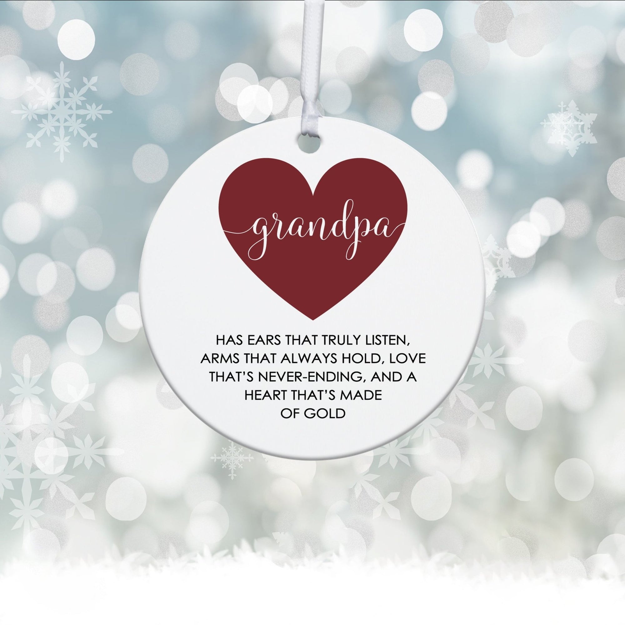 Grandparents White Ornament With Inspirational Message Gift Ideas - Grandpa Has Ears That Truly Listen (Heart) - LifeSong Milestones