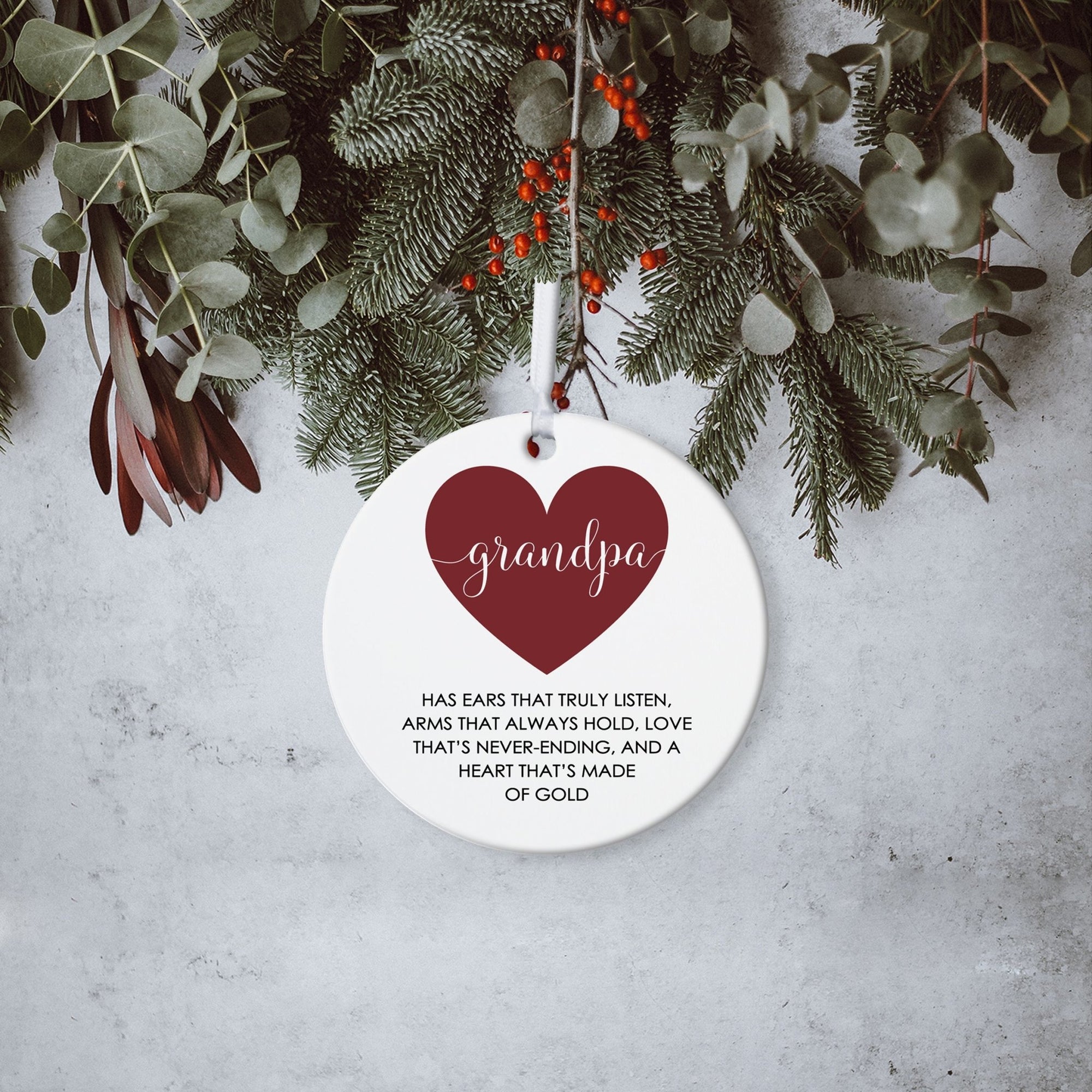 Grandparents White Ornament With Inspirational Message Gift Ideas - Grandpa Has Ears That Truly Listen (Heart) - LifeSong Milestones