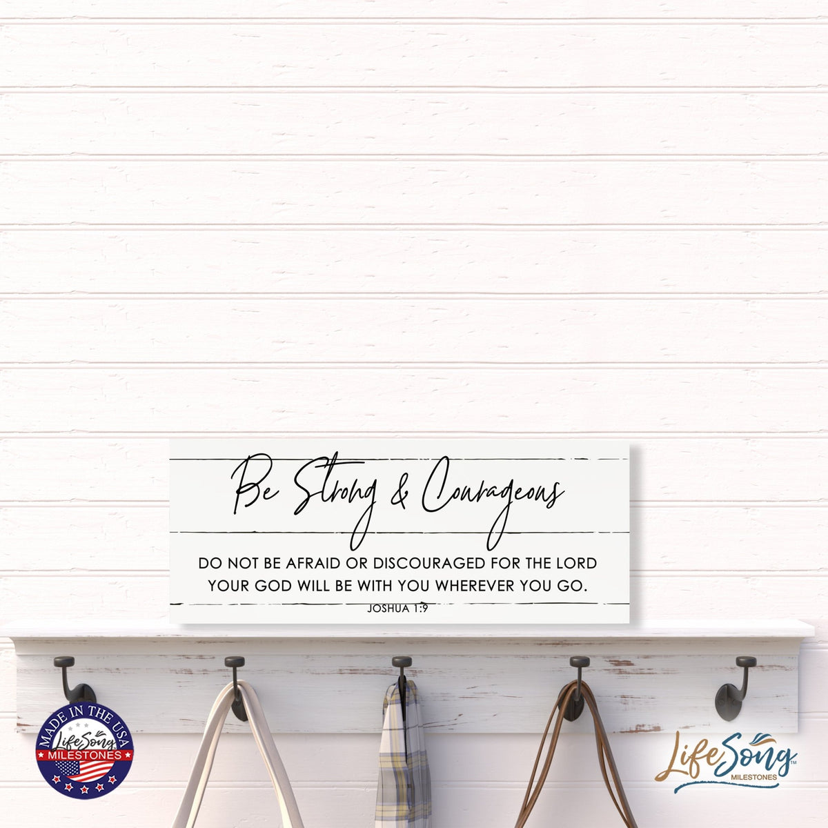 Inspirational Bible Quote Tabletop and Wall Decoration 10x4 - Be Strong & Courageous - LifeSong Milestones