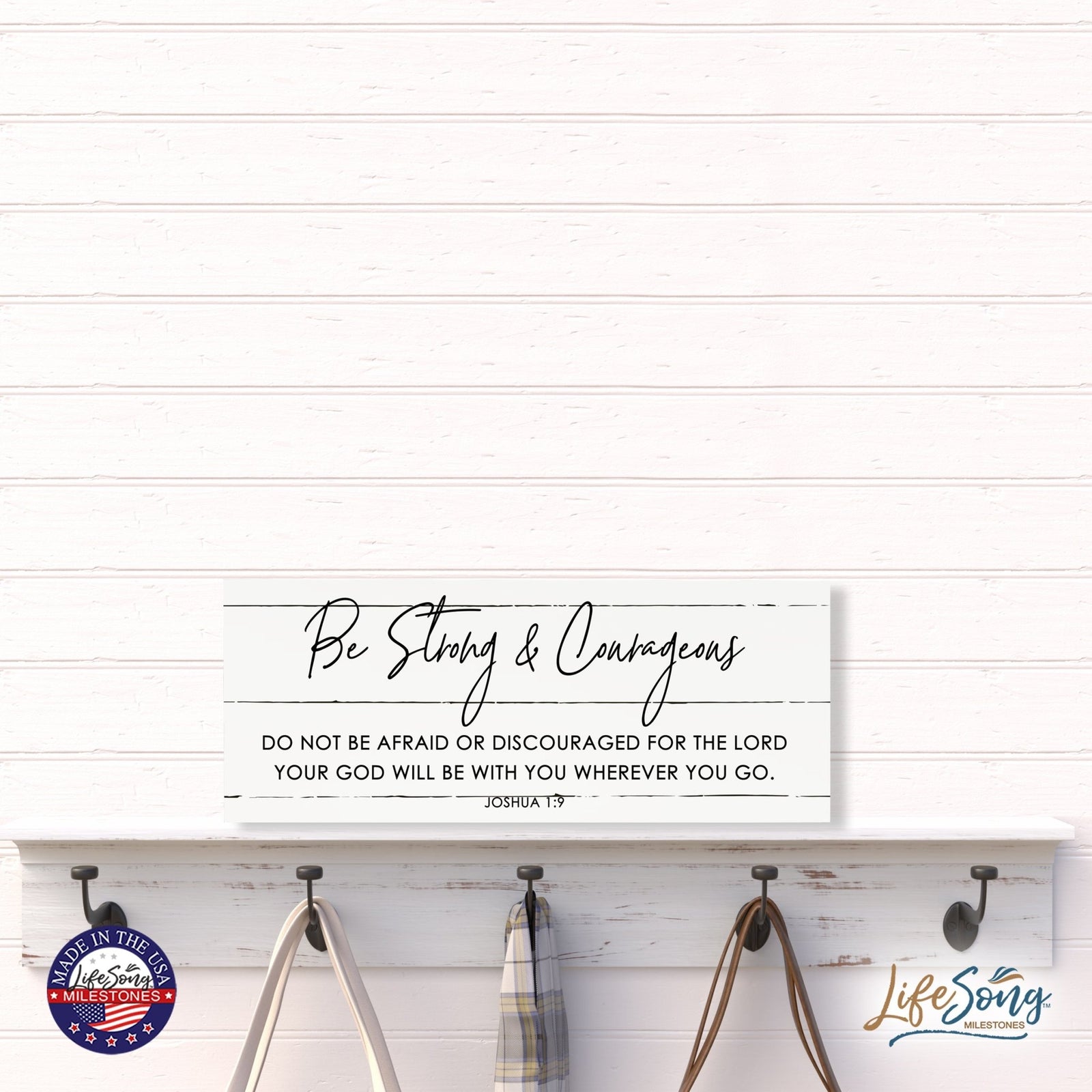 Inspirational Bible Quote Tabletop and Wall Decoration 10x4 - Be Strong & Courageous - LifeSong Milestones