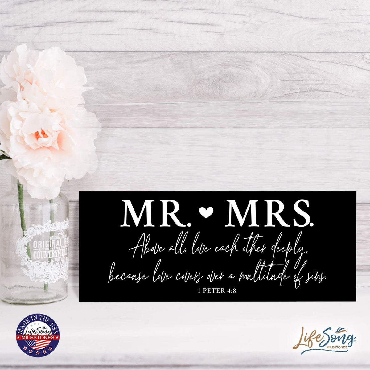 Inspirational Bible Quote Tabletop and Wall Decoration 10x4 - Mr Mrs Above All - LifeSong Milestones