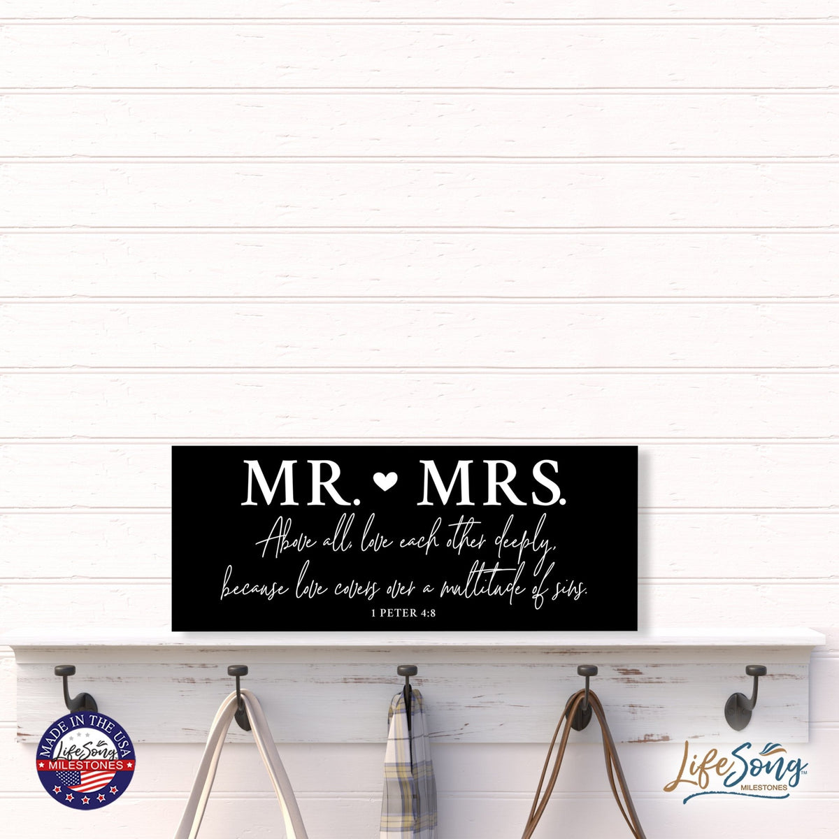 Inspirational Bible Quote Tabletop and Wall Decoration 10x4 - Mr Mrs Above All - LifeSong Milestones