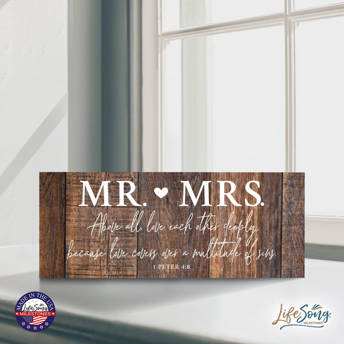 Inspirational Bible Quote Tabletop and Wall Decoration 10x4 - Mr Mrs Above All - LifeSong Milestones