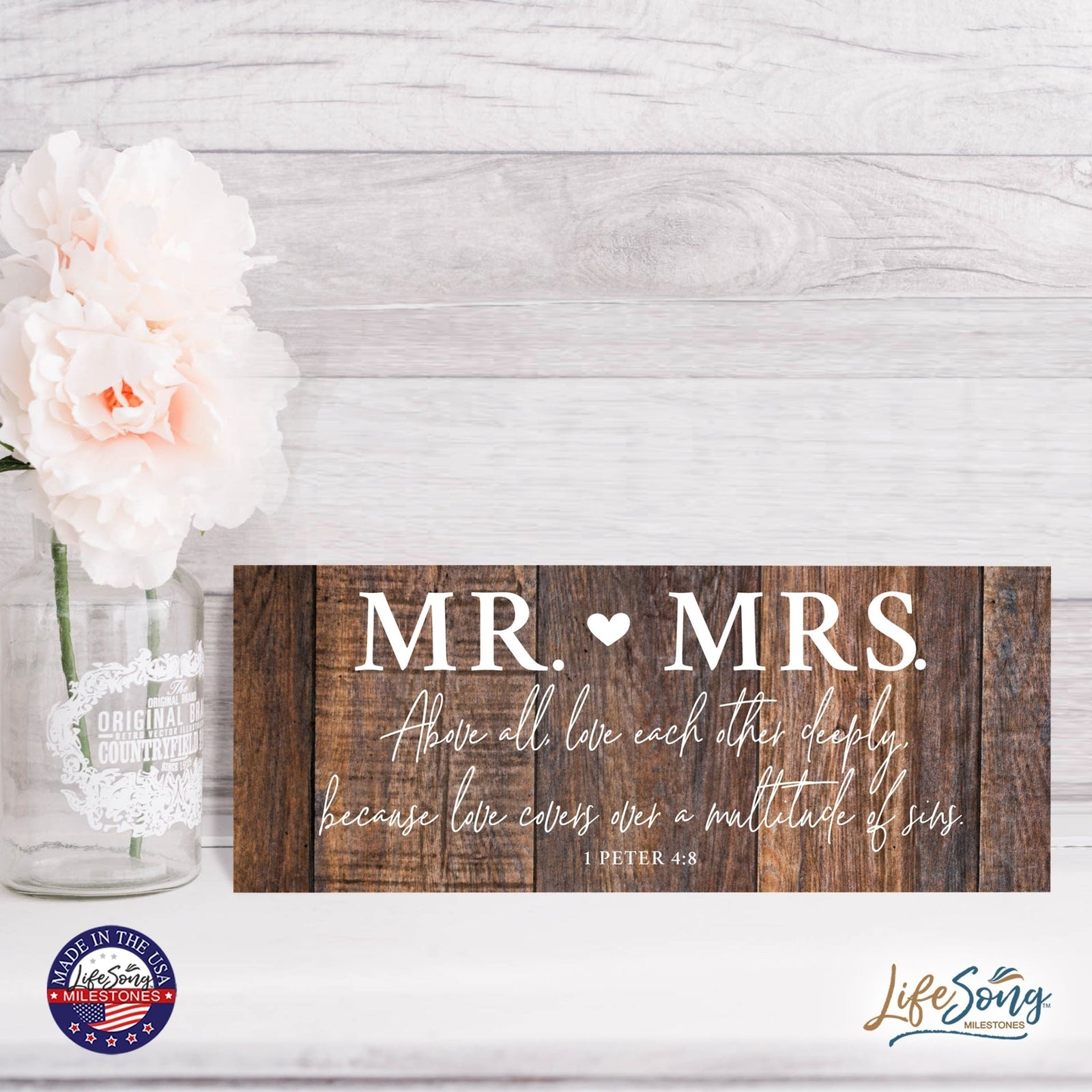 Inspirational Bible Quote Tabletop and Wall Decoration 10x4 - Mr Mrs Above All - LifeSong Milestones