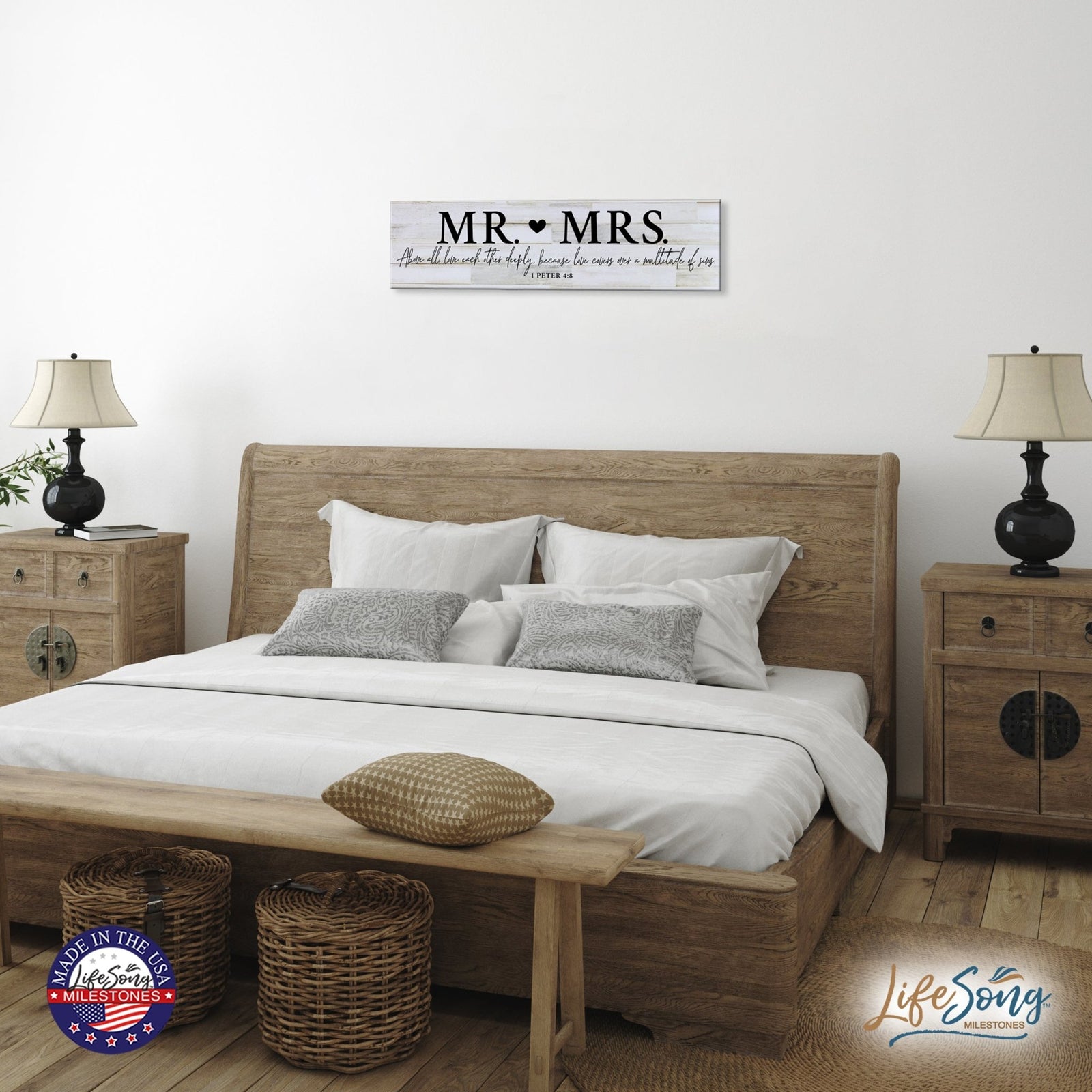 Inspirational Everyday Home and Family Wooden Wall Art Hanging Plaque 10 x 40 – Mr. & Mrs. - LifeSong Milestones