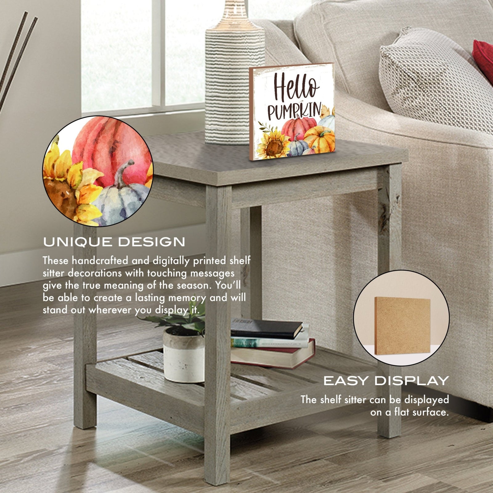 Inspirational Fall Themed Unique Shelf Décor and Tabletop Signs - Hello Pumpkin - LifeSong Milestones