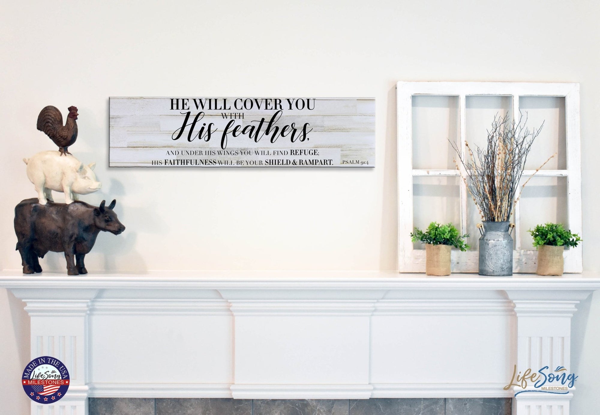 Inspirational Modern Wooden Wall Hanging Plaque 10x40 - He Will Cover You - LifeSong Milestones