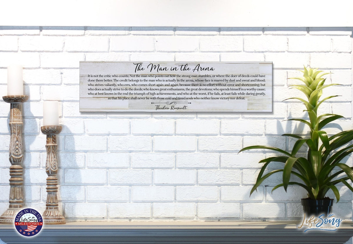 Inspirational Modern Wooden Wall Hanging Plaque 10x40 - The Man In the Arena - LifeSong Milestones