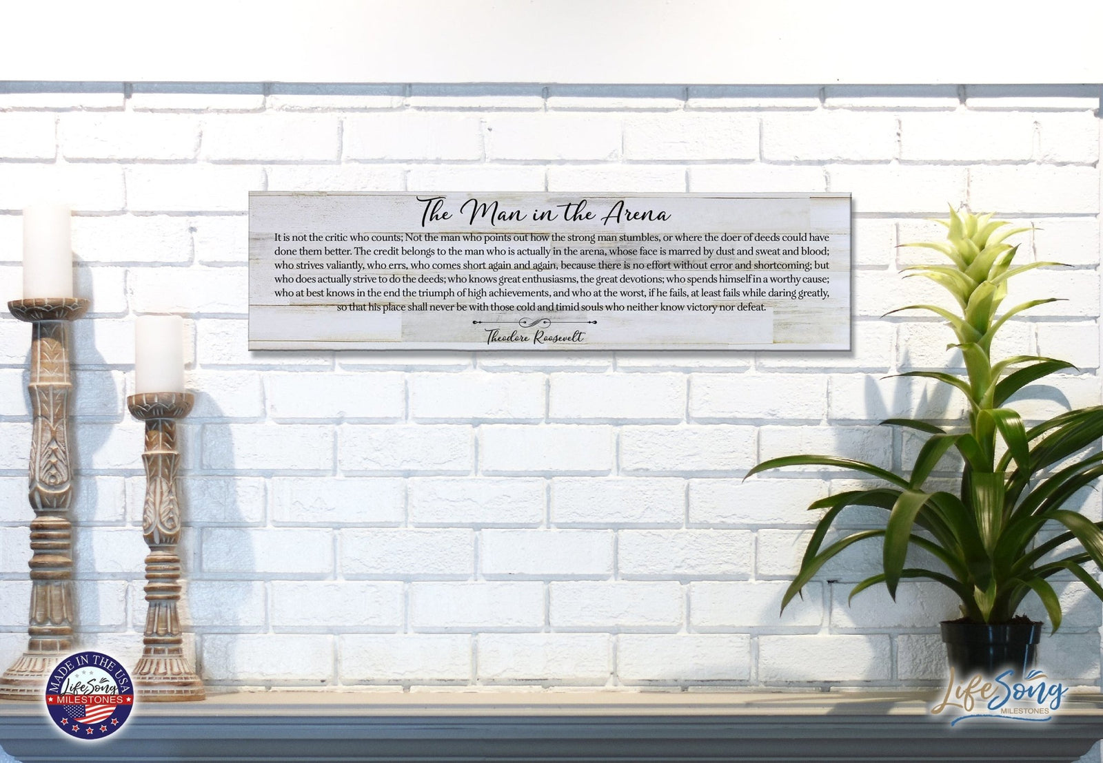 Inspirational Modern Wooden Wall Hanging Plaque 10x40 - The Man In the Arena - LifeSong Milestones
