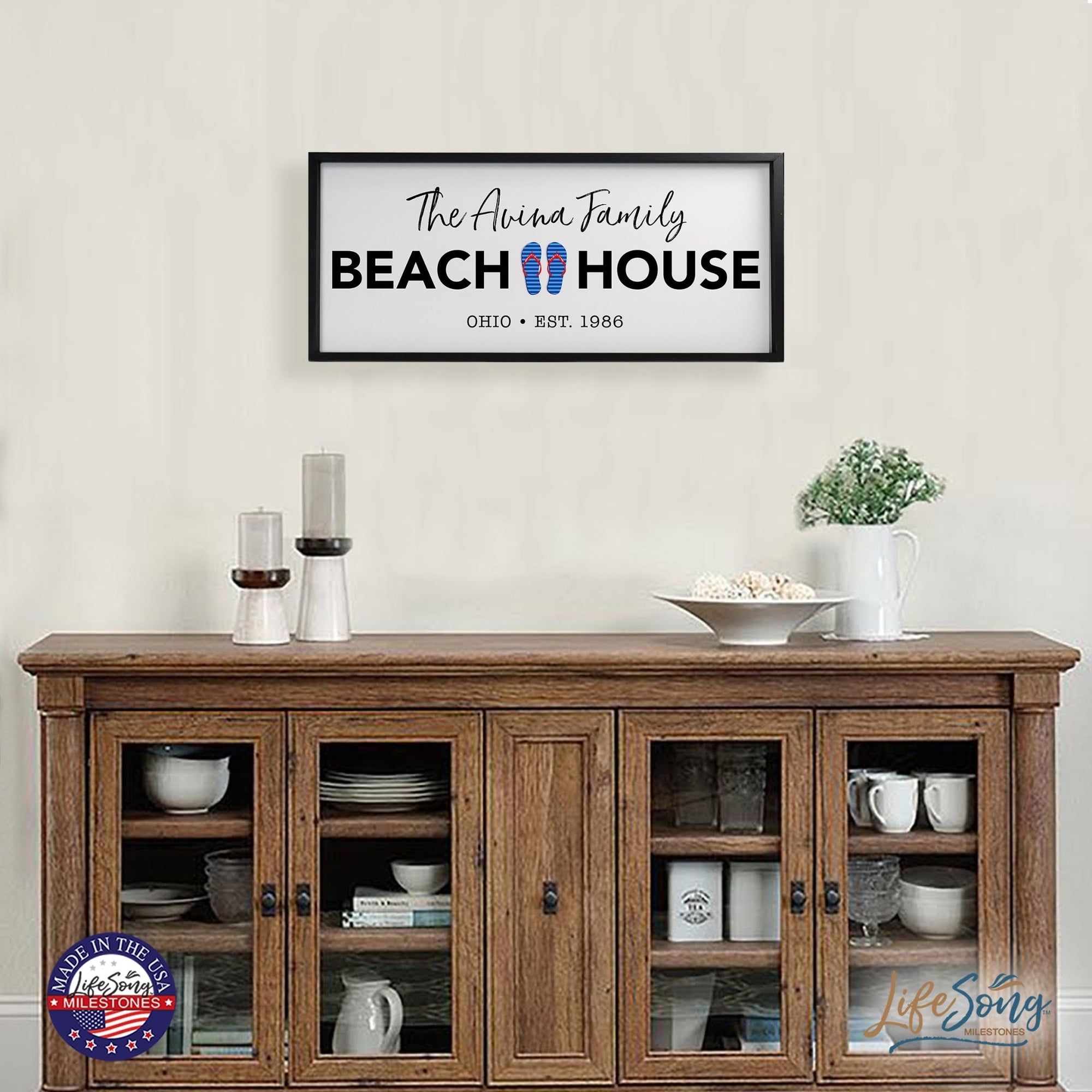 Inspirational Personalized Framed Shadow Box 13x30 - Beach House (Slippers) - LifeSong Milestones