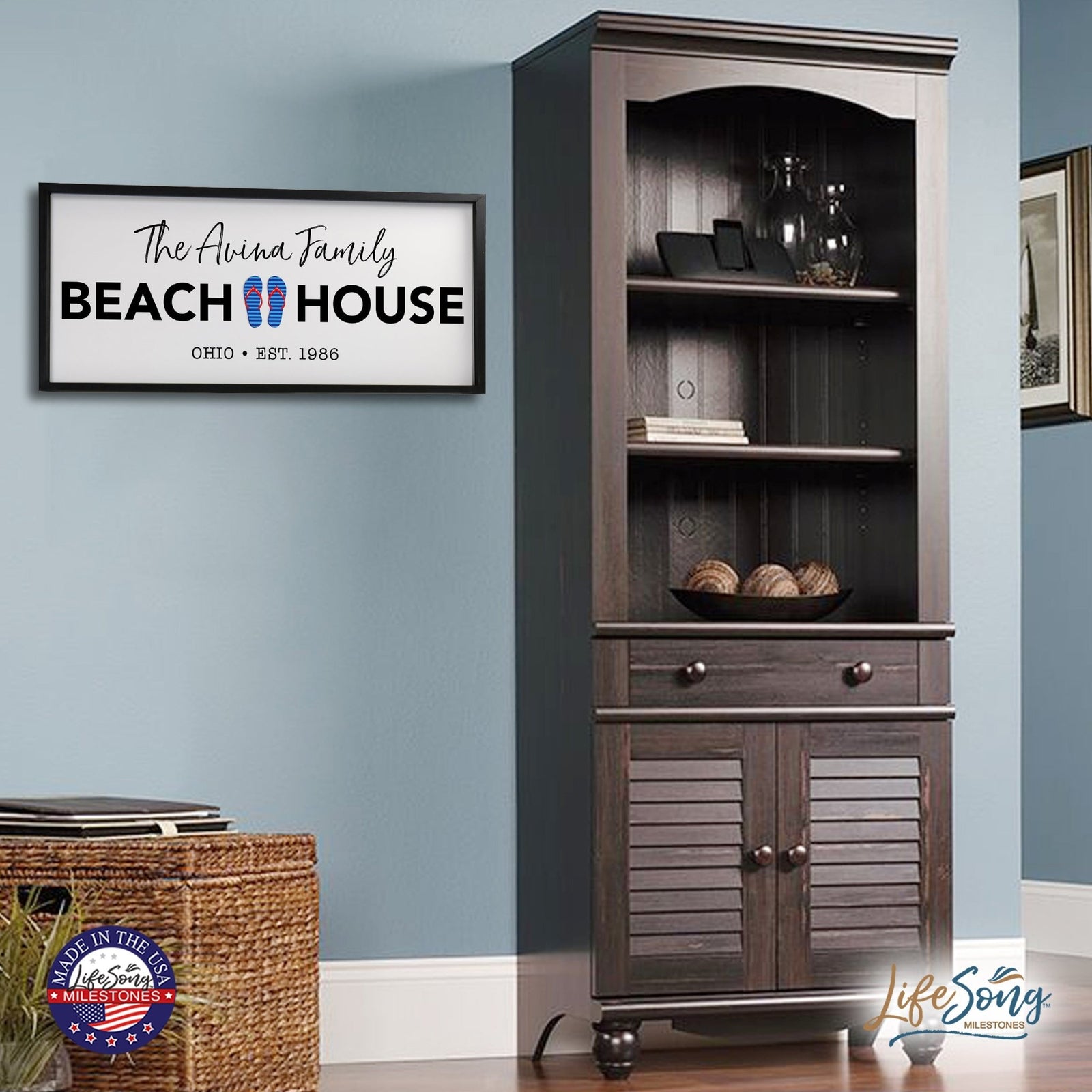 Inspirational Personalized Framed Shadow Box 13x30 - Beach House (Slippers) - LifeSong Milestones
