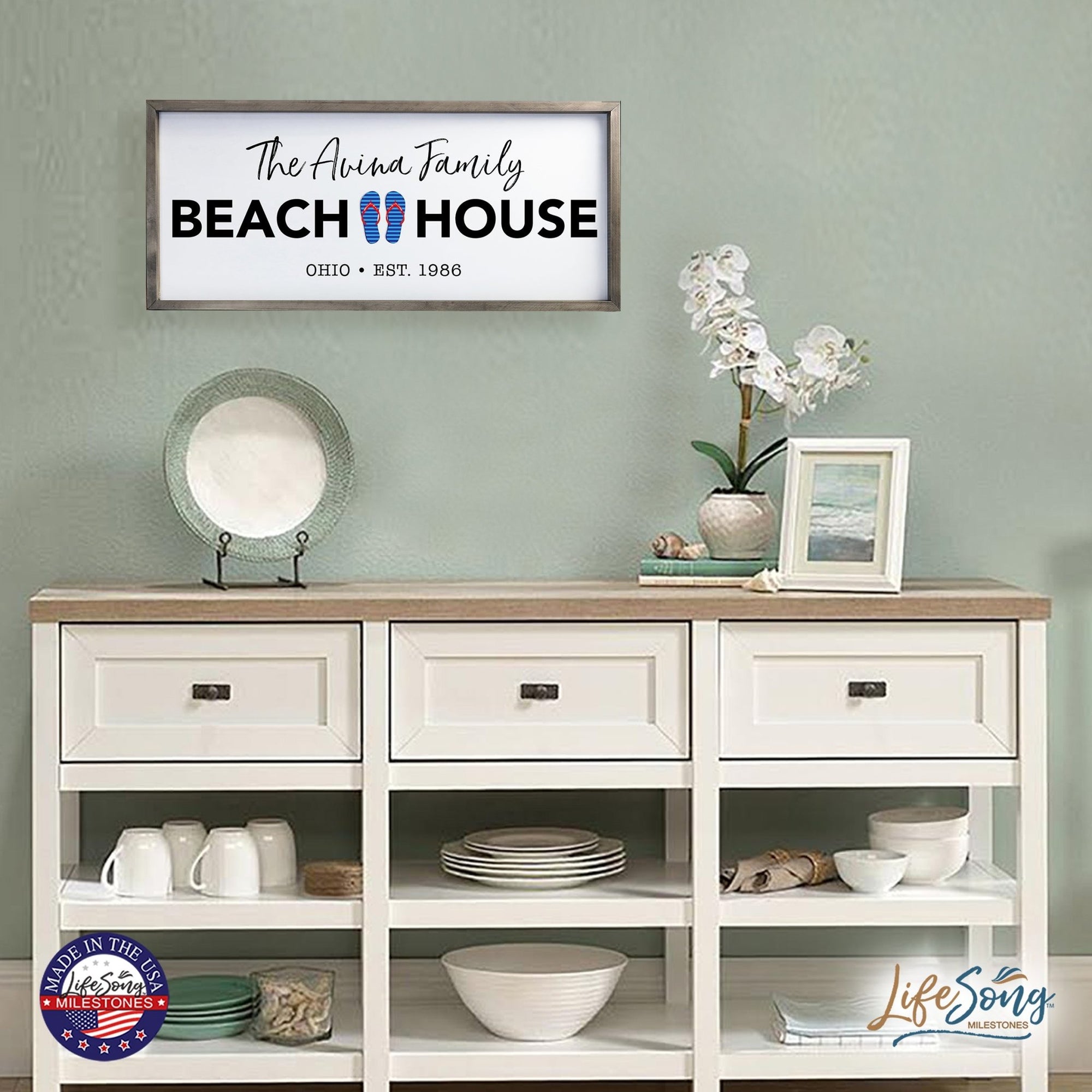 Inspirational Personalized Framed Shadow Box 13x30 - Beach House (Slippers) - LifeSong Milestones