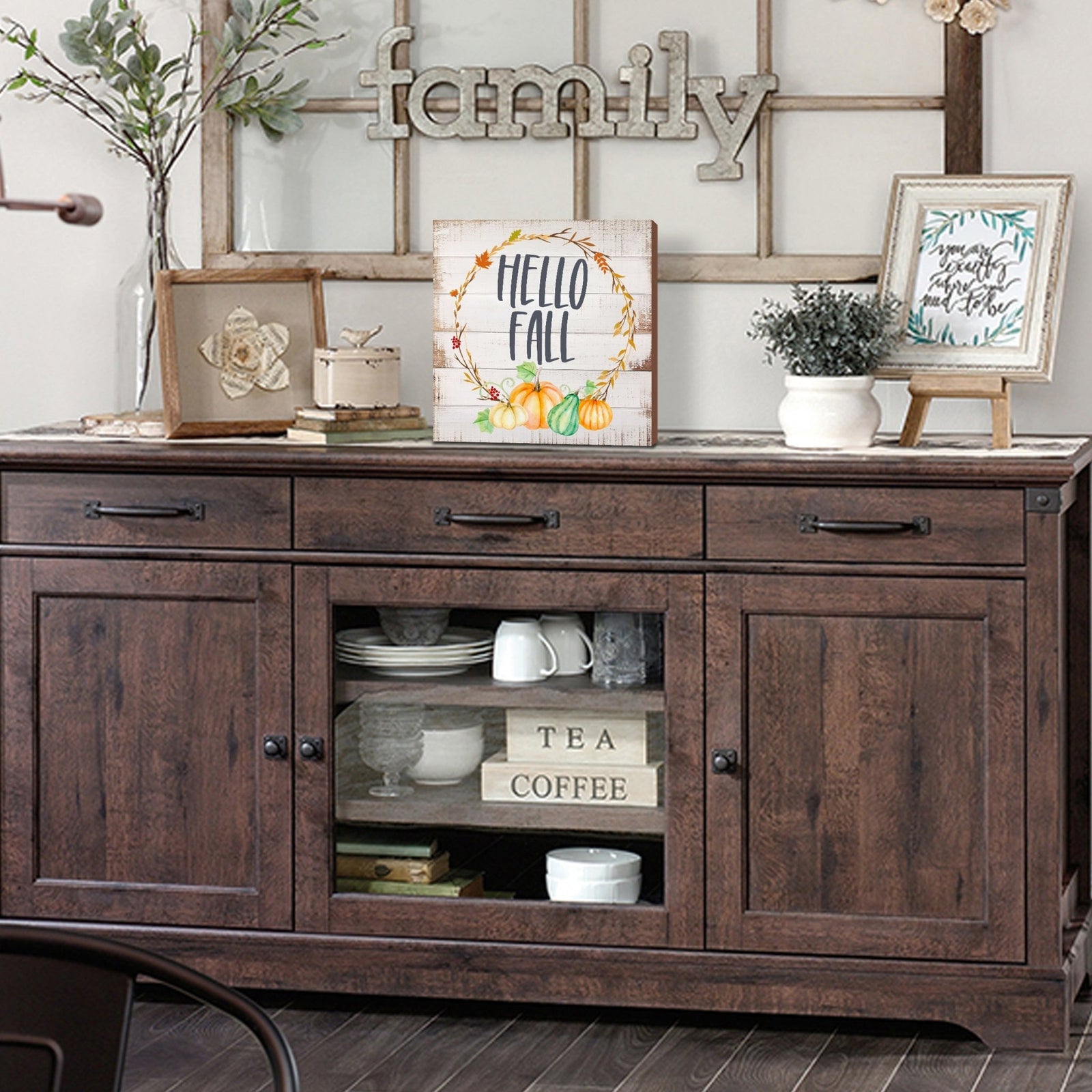 Rustic shelf decor with a collection of handcrafted wooden inspirational fall signs for a cozy autumn atmosphere.