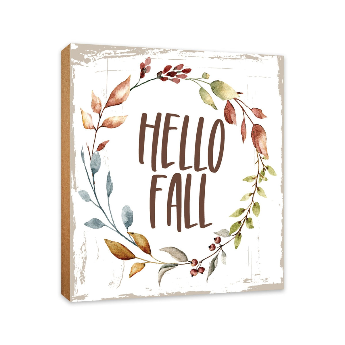 A close-up of a wooden tabletop adorned with inspirational fall signs, enhancing your home decor