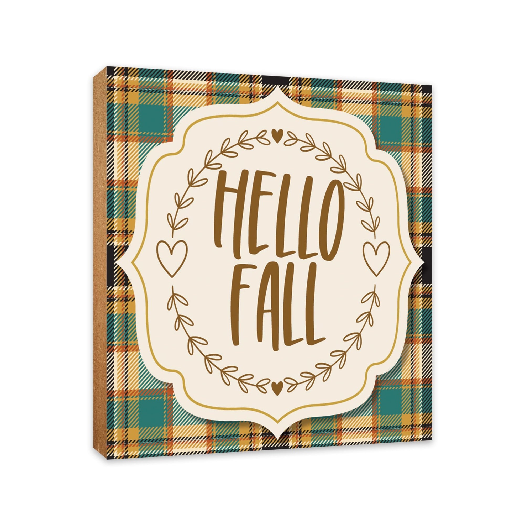 Rustic shelf decor with a collection of handcrafted wooden inspirational fall signs for a cozy autumn atmosphere.