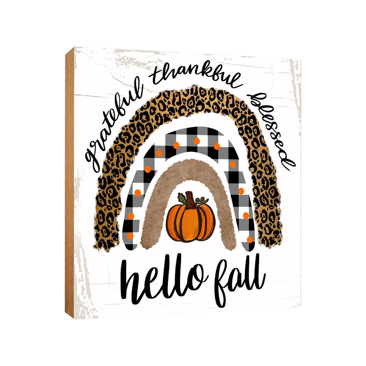 A close-up of a wooden tabletop adorned with inspirational fall signs, enhancing your home decor