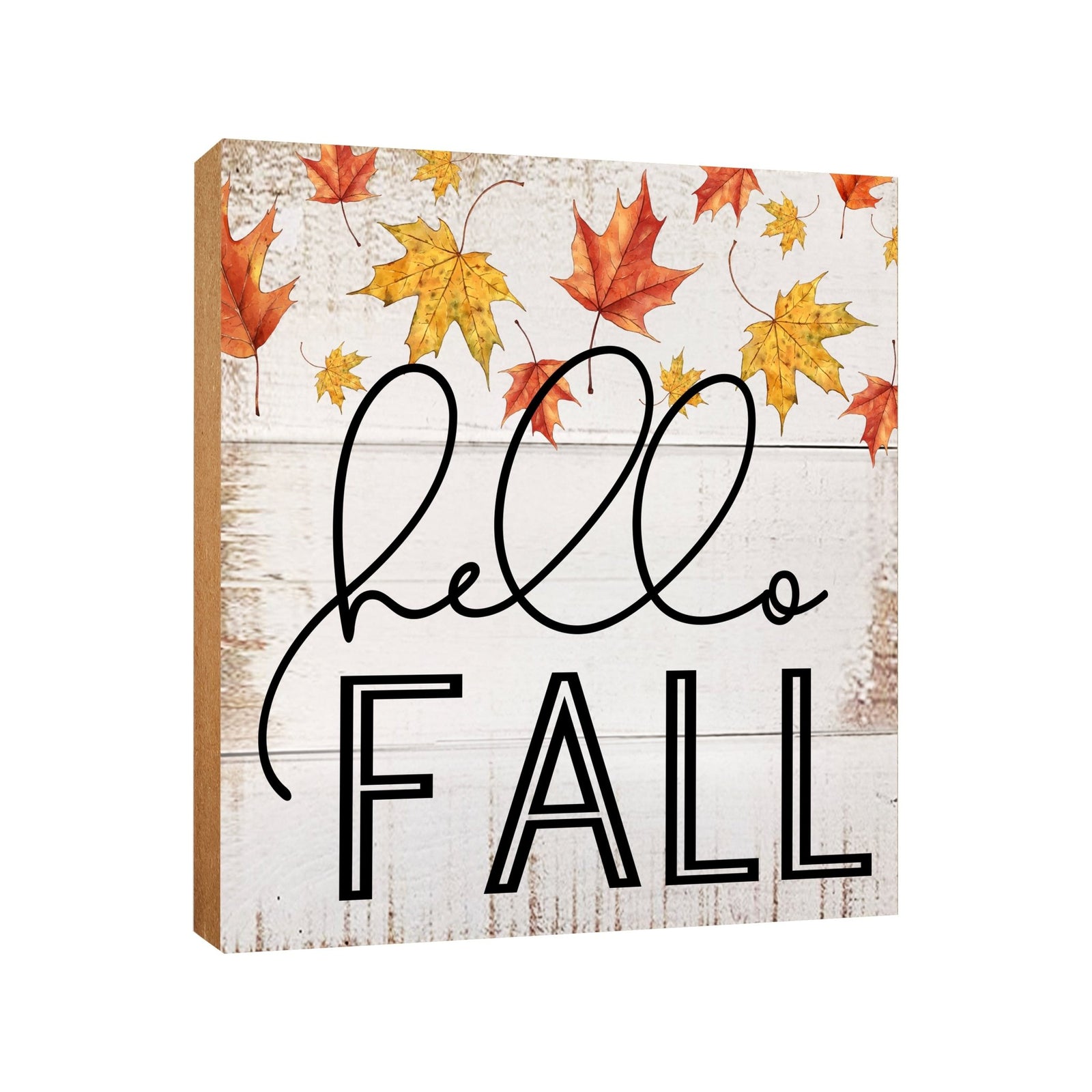 A close-up of a wooden tabletop adorned with inspirational fall signs, enhancing your home decor