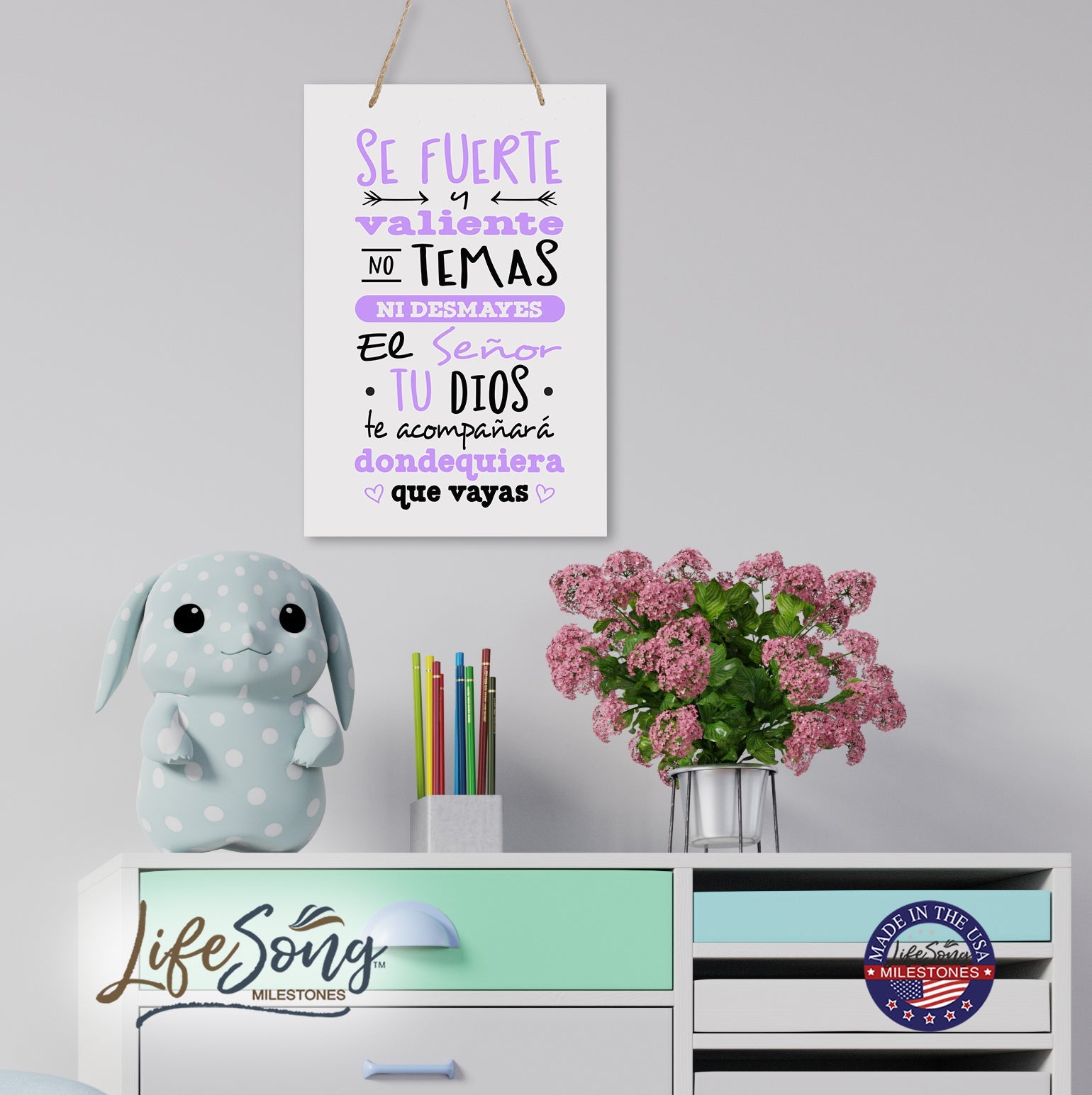 Inspirational Wall Decor Hanging Sign 8x12 - Be Strong and Courageous in Spanish Verse - LifeSong Milestones