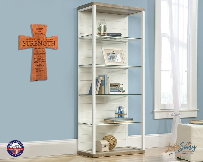 Inspirational Wooden Hanging Wall Cross 7x11 – Be strong and courageous! (SCRIPT) - LifeSong Milestones