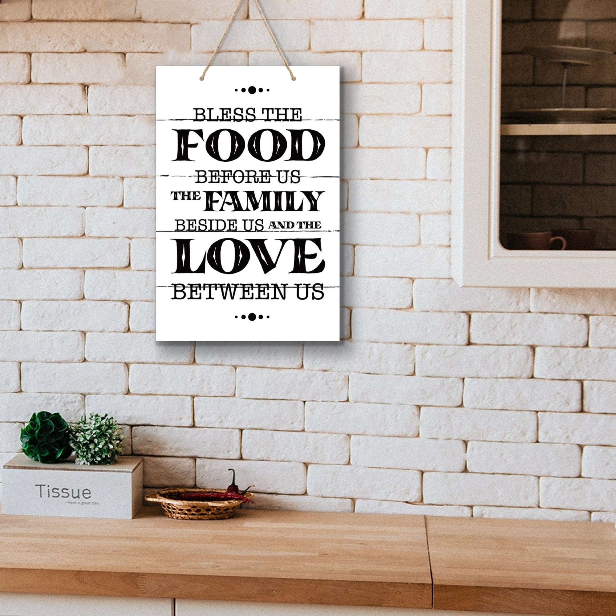 Inspirational Wooden Rustic Wall Hanging Rope Sign Kitchen Home Décor - Bless The Food Before Us - LifeSong Milestones