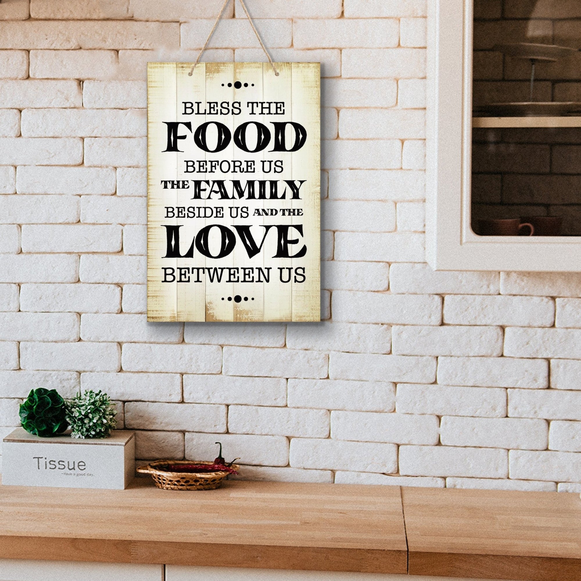 Inspirational Rustic Wooden Wall Hanging Rope Sign Kitchen Décor - Bless The Food Before Us