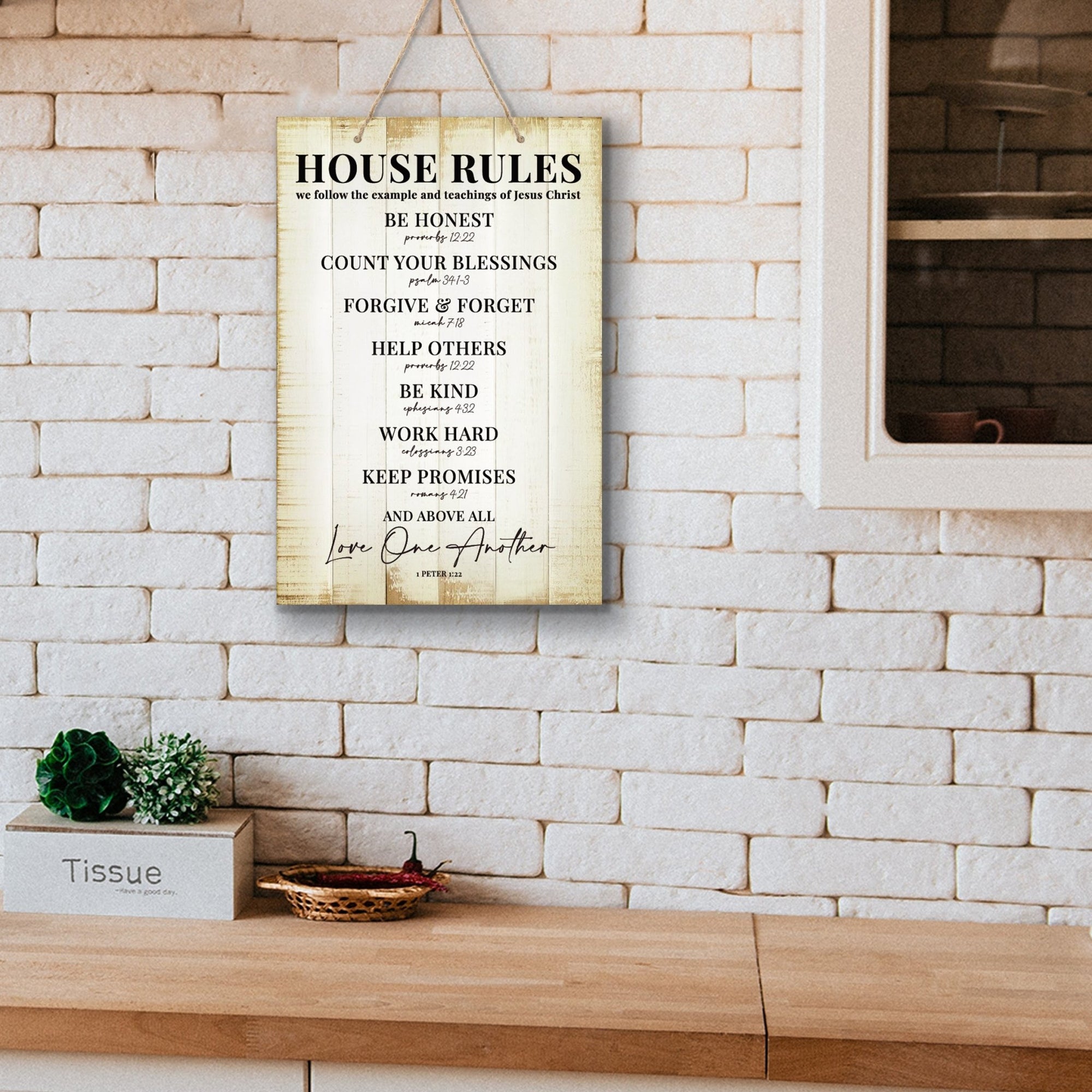 Inspirational Rustic Wooden Wall Hanging Rope Sign Kitchen Décor - House Rules
