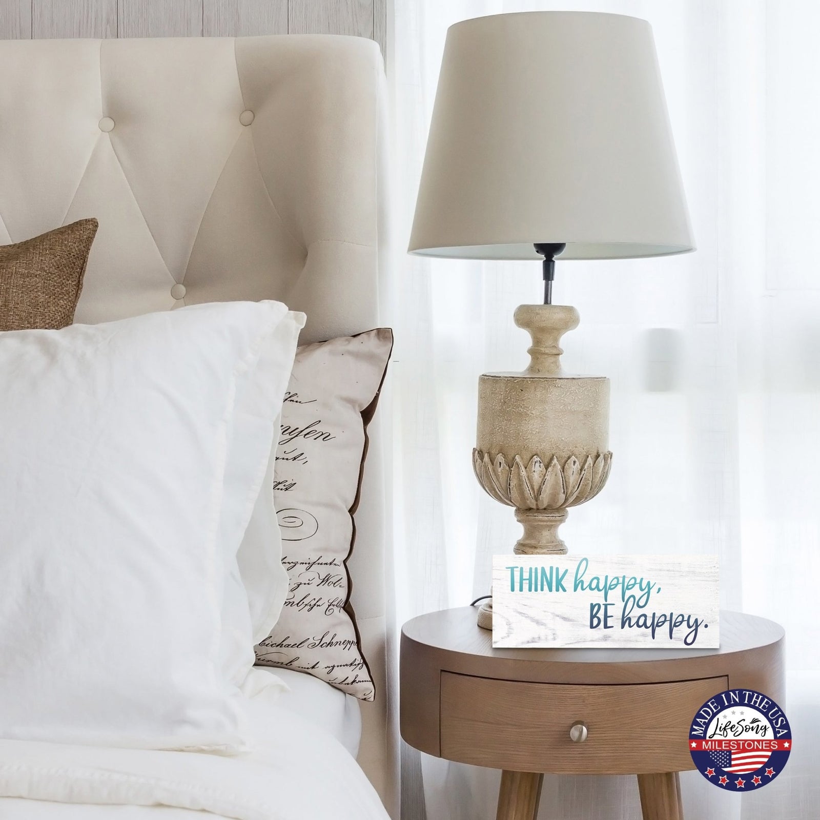 Inspirational Wooden Shelf Décor and Tabletop Signs for Spring Season - Think Happy - LifeSong Milestones